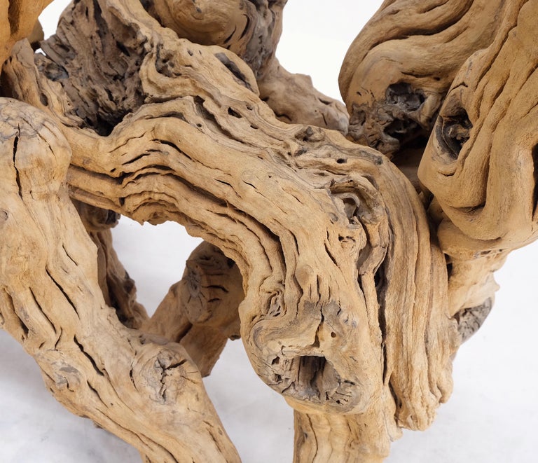 Large Varnished Driftwood Organic Base Rectangle Glass Top Console