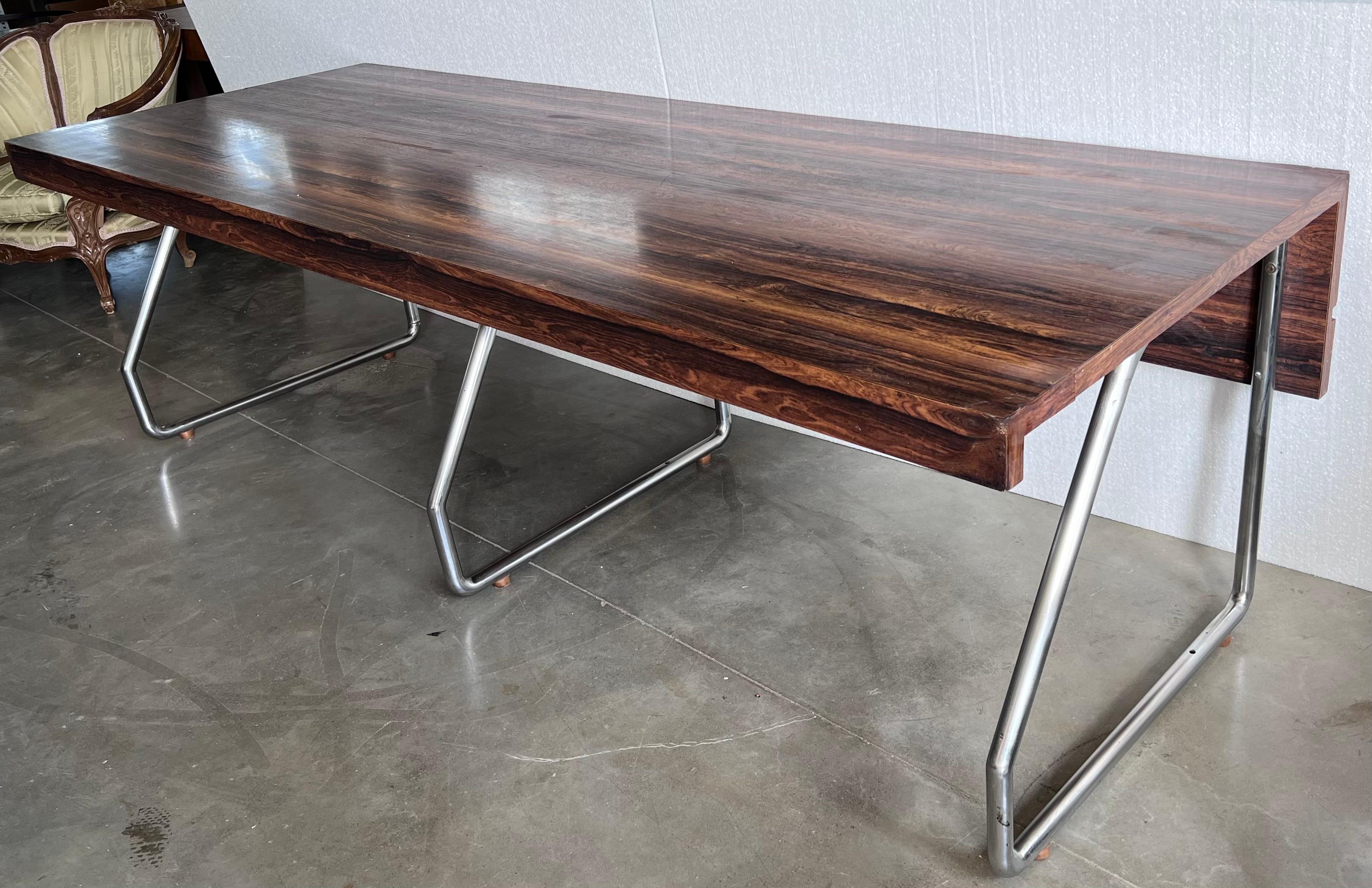 Metal Large Varnished Wood Executive Desk, in the style of Florence Knoll For Sale