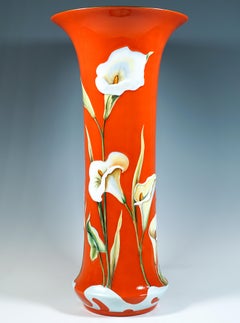 Large Vase, Calla Lilies Against Orange Background, Herend Hungary, Mid-20th