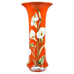 Large Vase, Calla Lilies Against Orange Background, Herend Hungary, Mid-20th