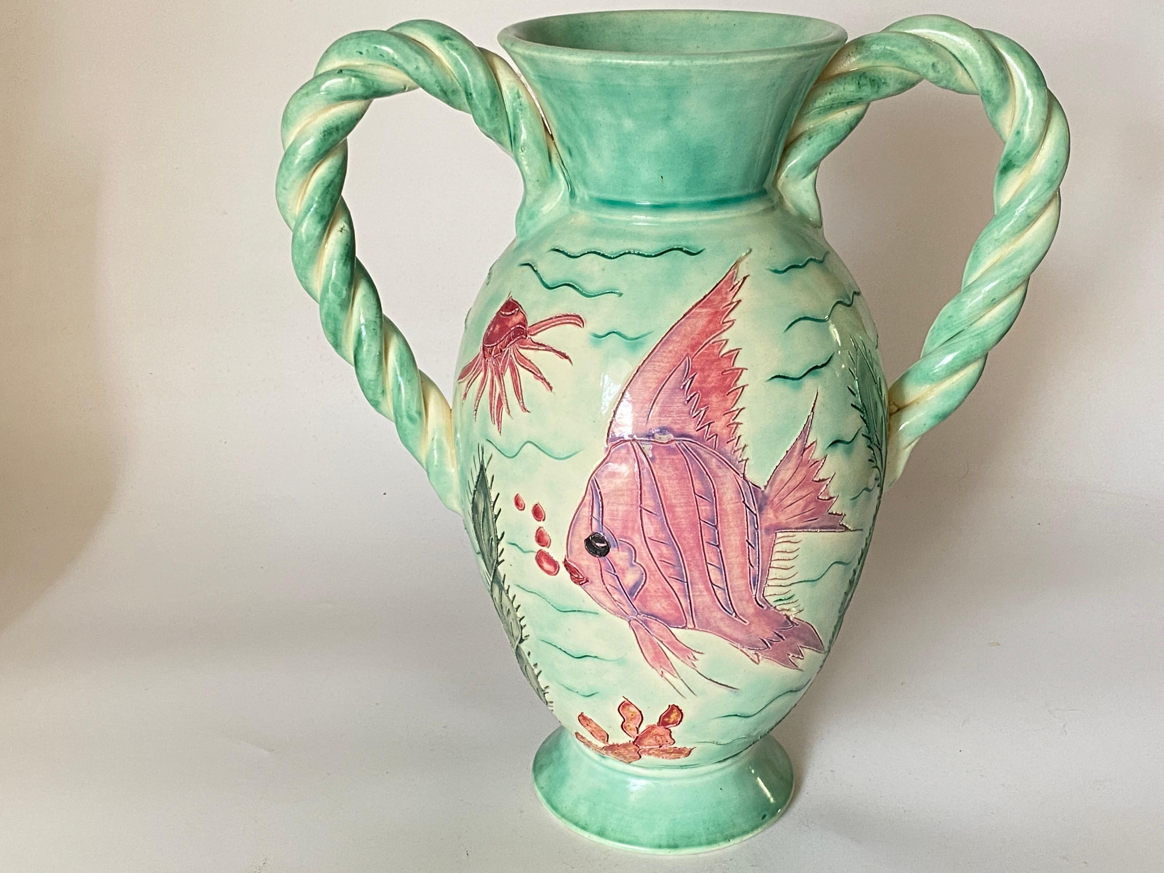 Large Vase in Painted Ceramic, Vallauris, Pink Green France, 1970, Signed For Sale 3