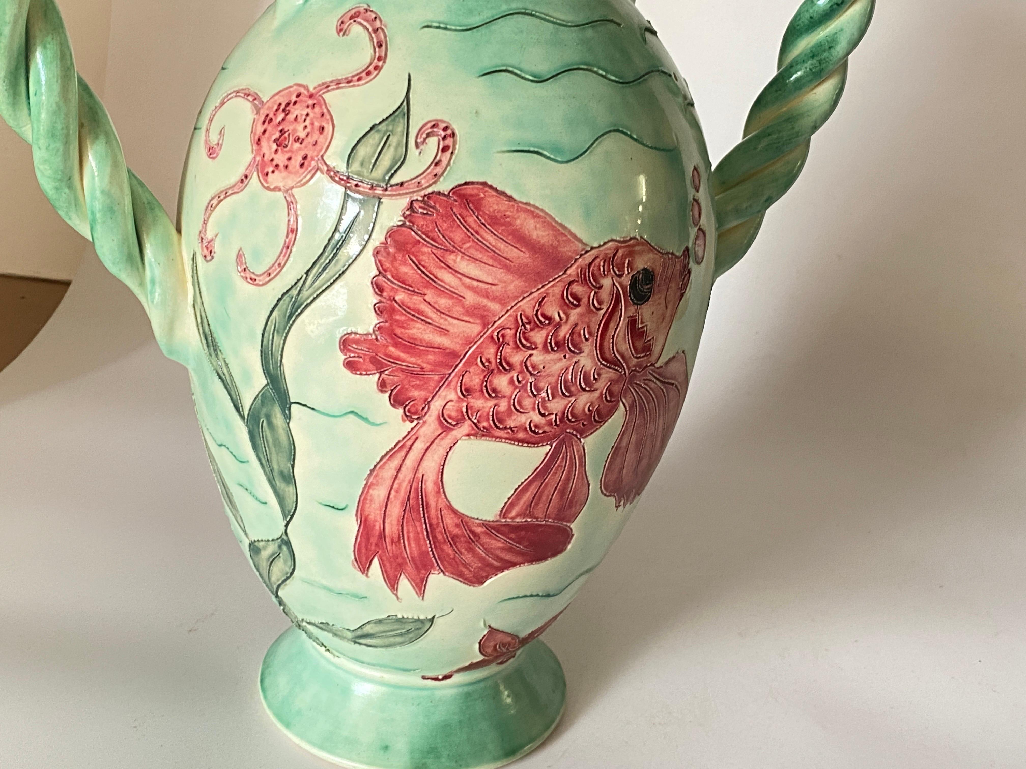 French Large Vase in Painted Ceramic, Vallauris, Pink Green France, 1970, Signed For Sale