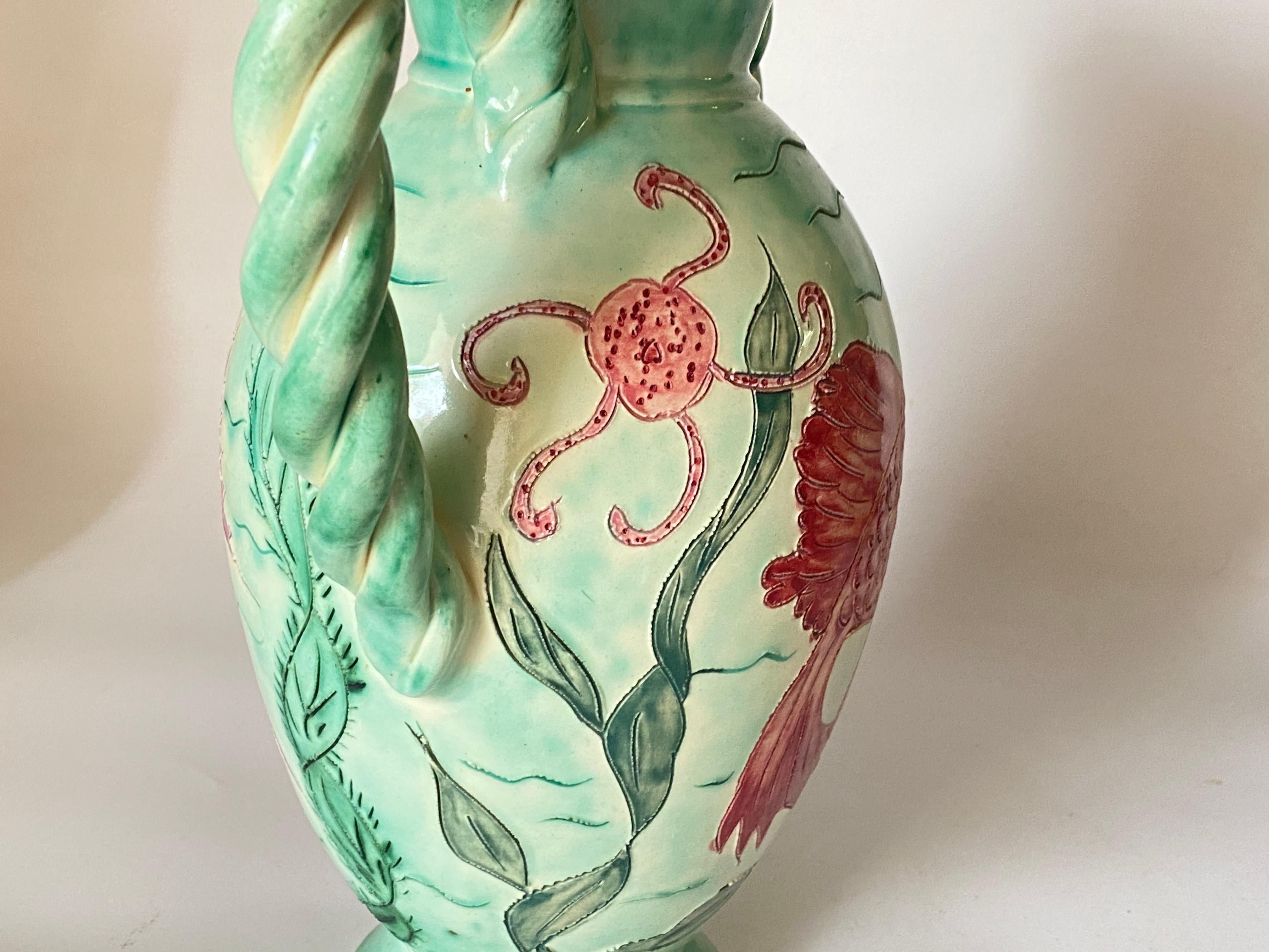 Hand-Painted Large Vase in Painted Ceramic, Vallauris, Pink Green France, 1970, Signed For Sale
