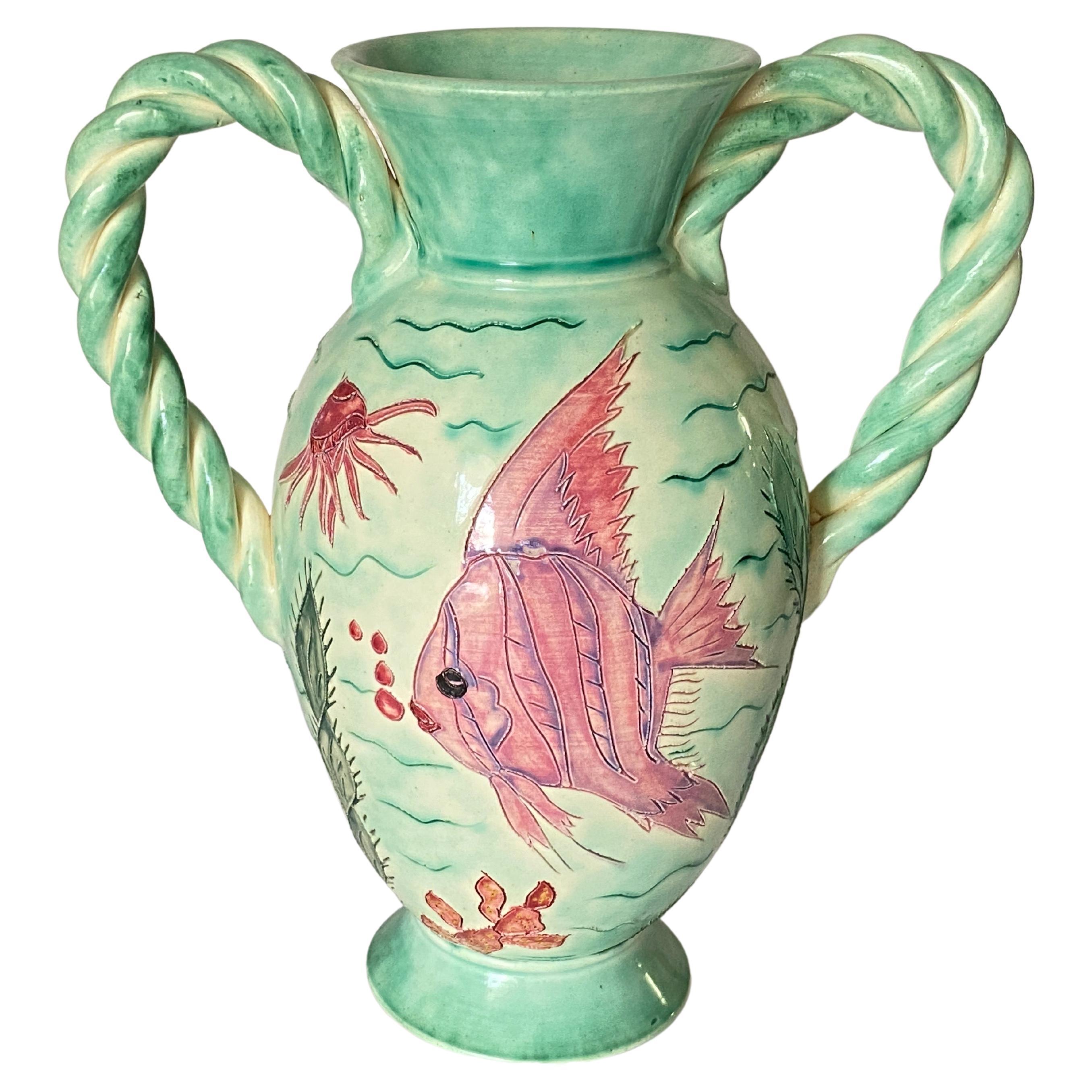 Large Vase in Painted Ceramic, Vallauris, Pink Green France, 1970, Signed For Sale