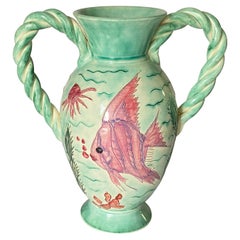 Large Vase in Painted Ceramic, Vallauris, Pink Green France, 1970, Signed