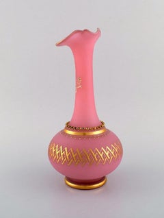 Large Vase in Pink Mouth-Blown Art Glass Decorated with 24 Carat Gold Leaf