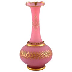 Antique Large Vase in Pink Mouth-Blown Art Glass Decorated with 24 Carat Gold Leaf