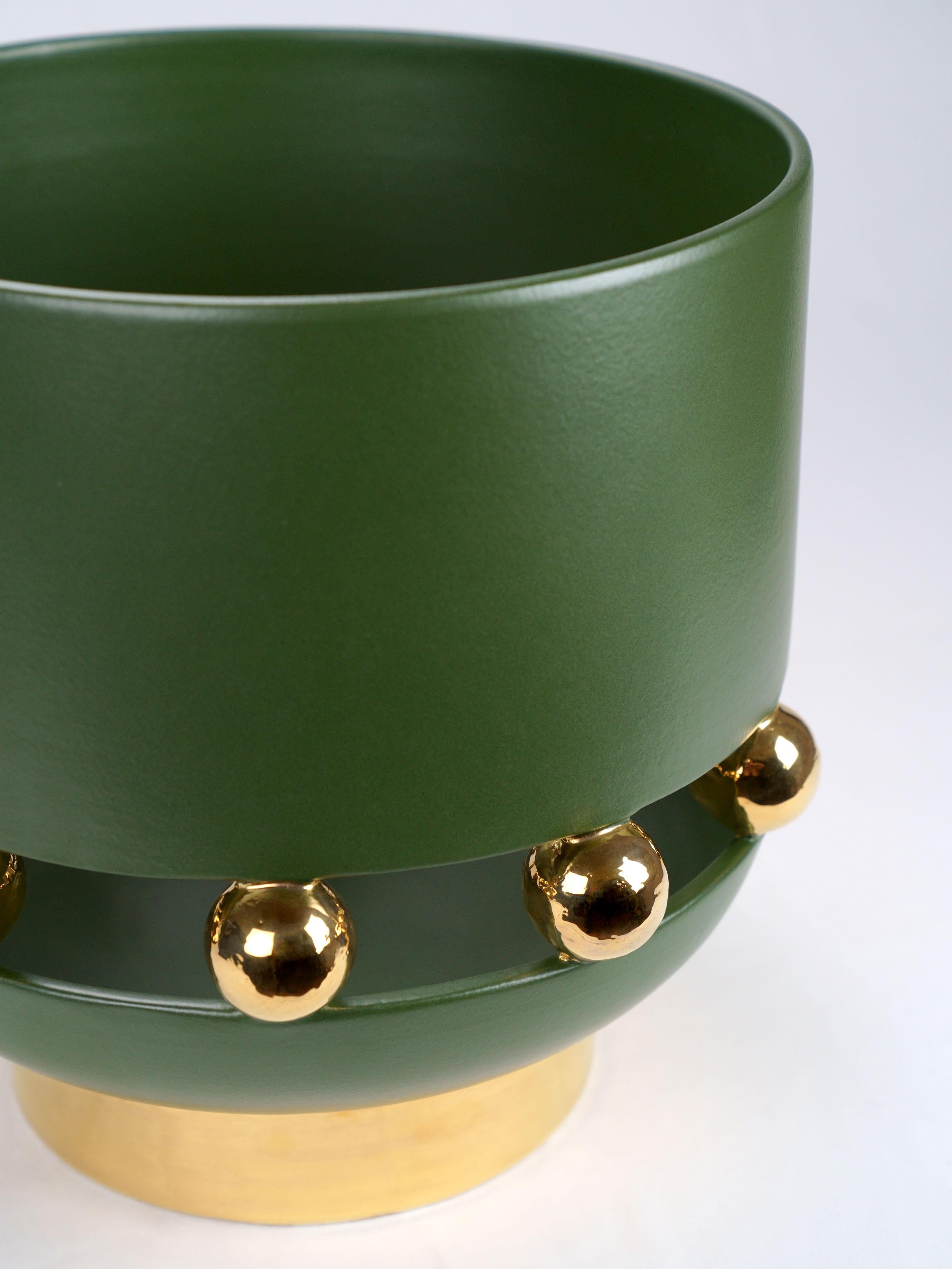 Italian Large Vase, Matte Finish Olive Green, Spheres 24kt Gold Luster, Handmade Italy For Sale