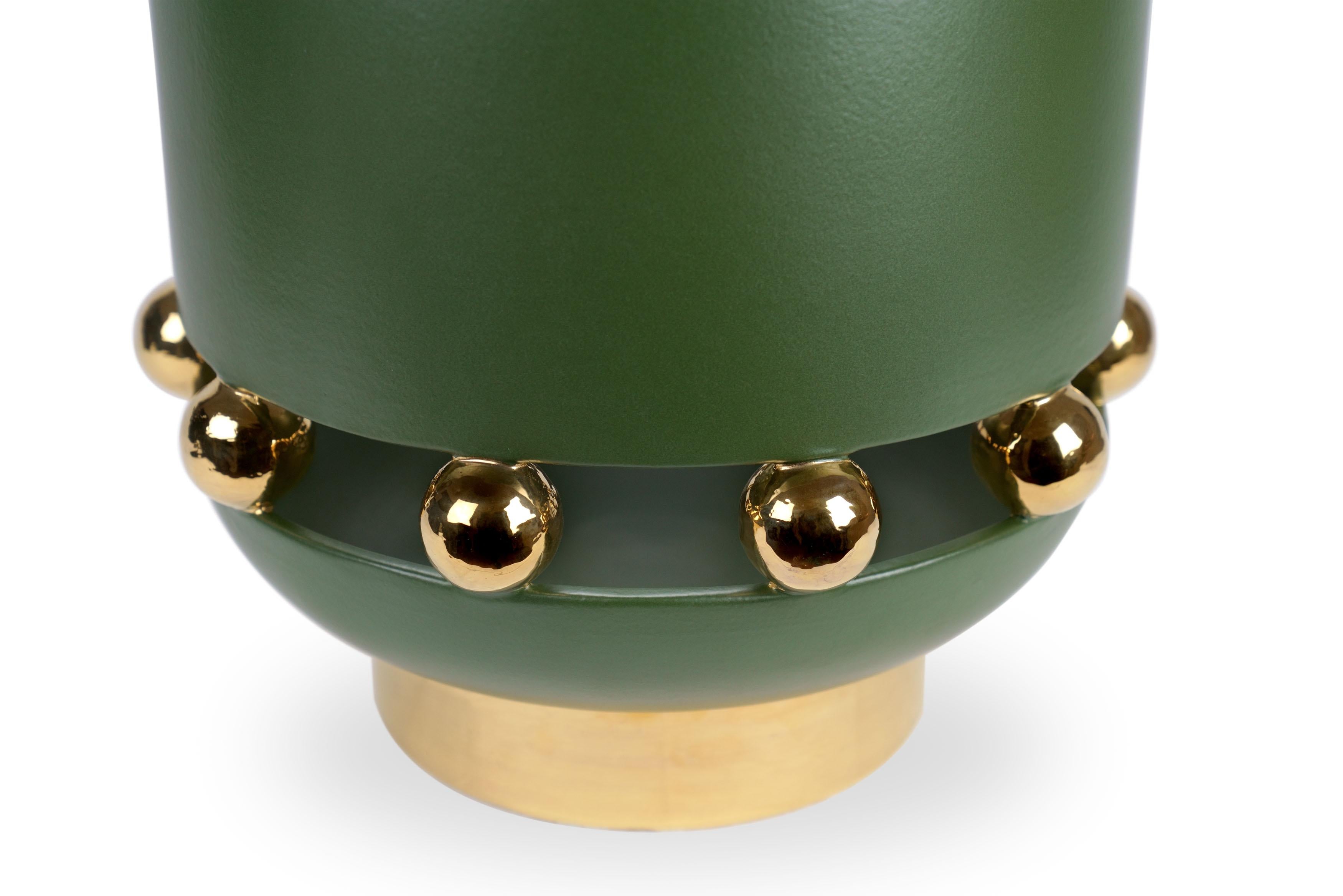 Hand-Crafted Large Vase, Matte Finish Olive Green, Spheres 24kt Gold Luster, Handmade Italy For Sale