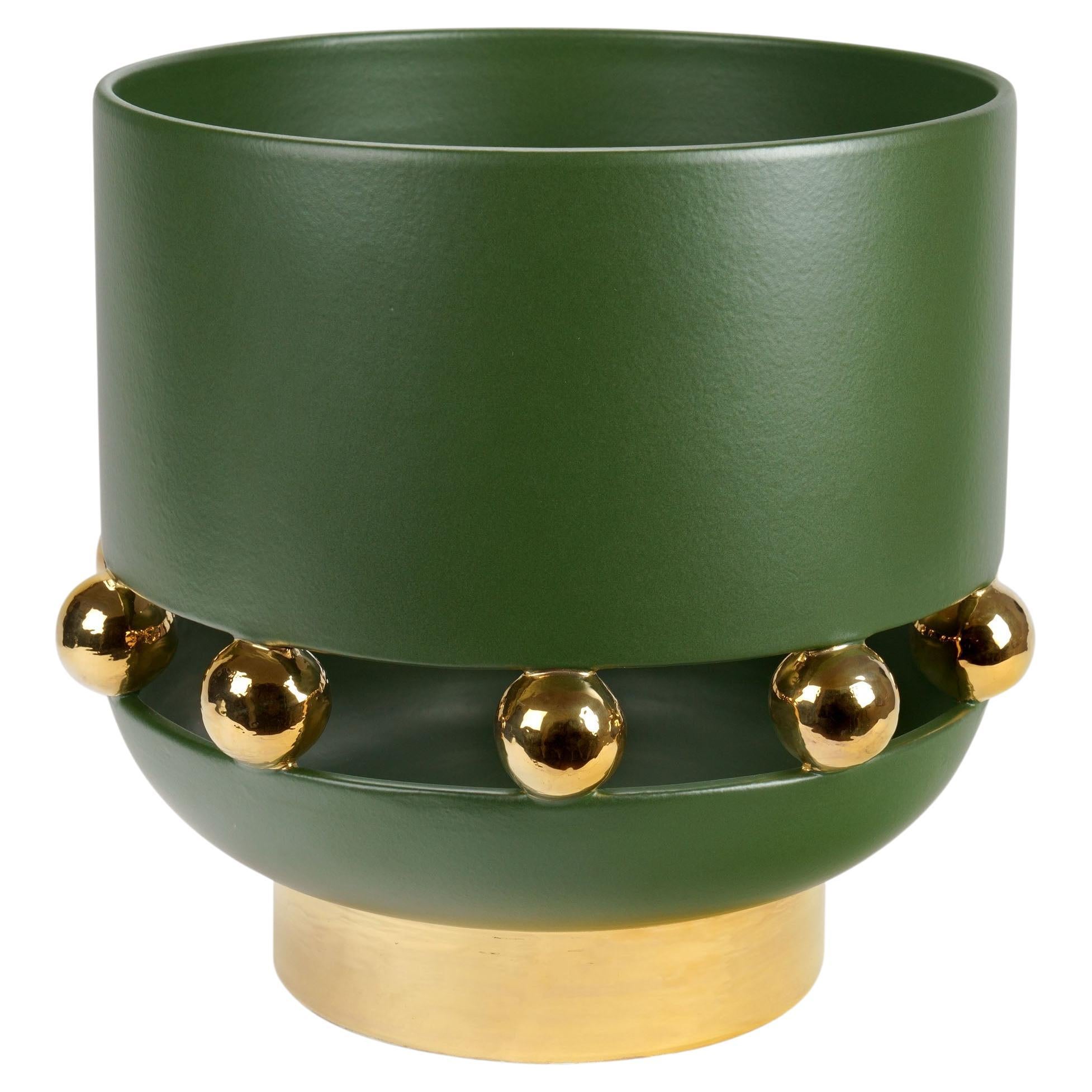 Vaso grande, finitura opaca verde oliva, sfere oro 24kt, fatto a mano in Italia