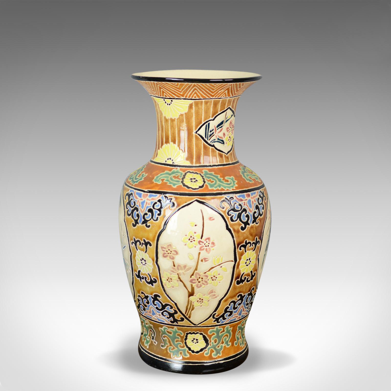 This is a large vase, a vintage oriental baluster vase highly decorated with panel scenes dating to the mid-late 20th century.

Of Classic form and in good proportion
Of quality craftsmanship, free from damage
Unmarked base displays some