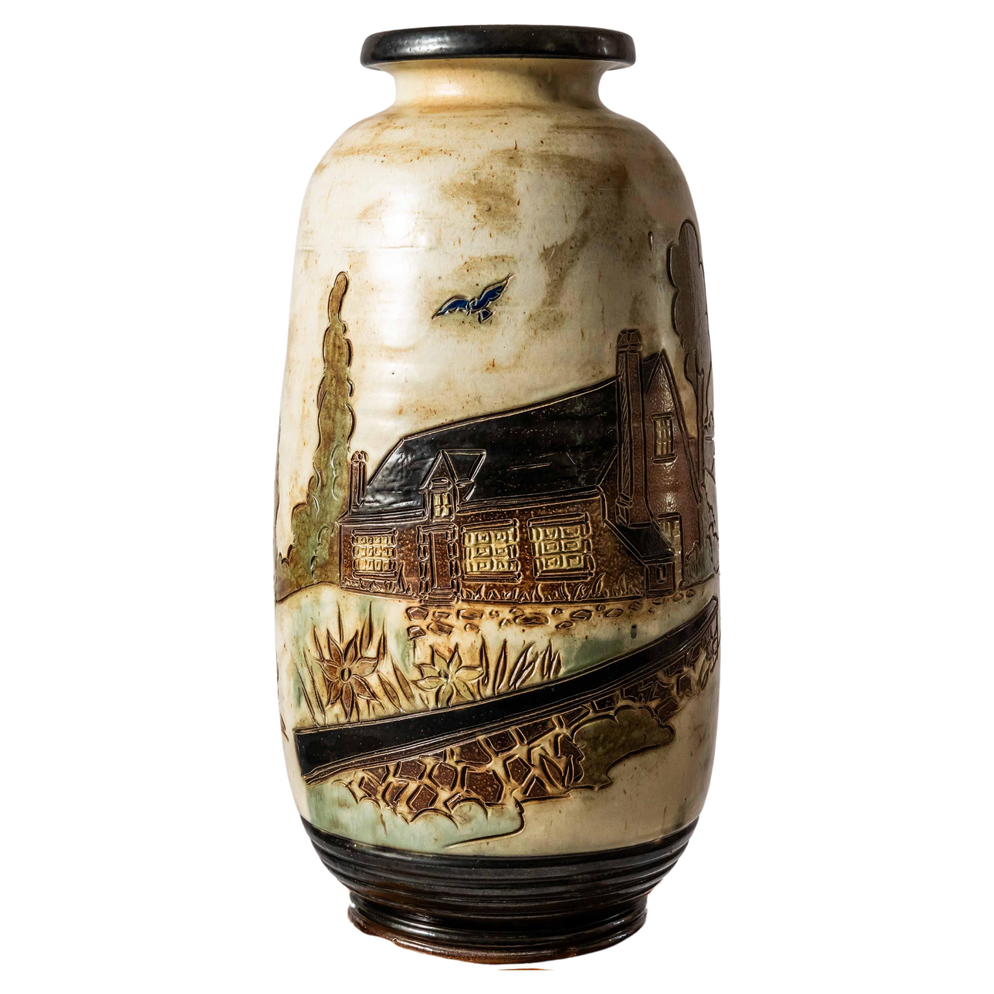 Large vase with a Flemish house Height 59 cm For Sale