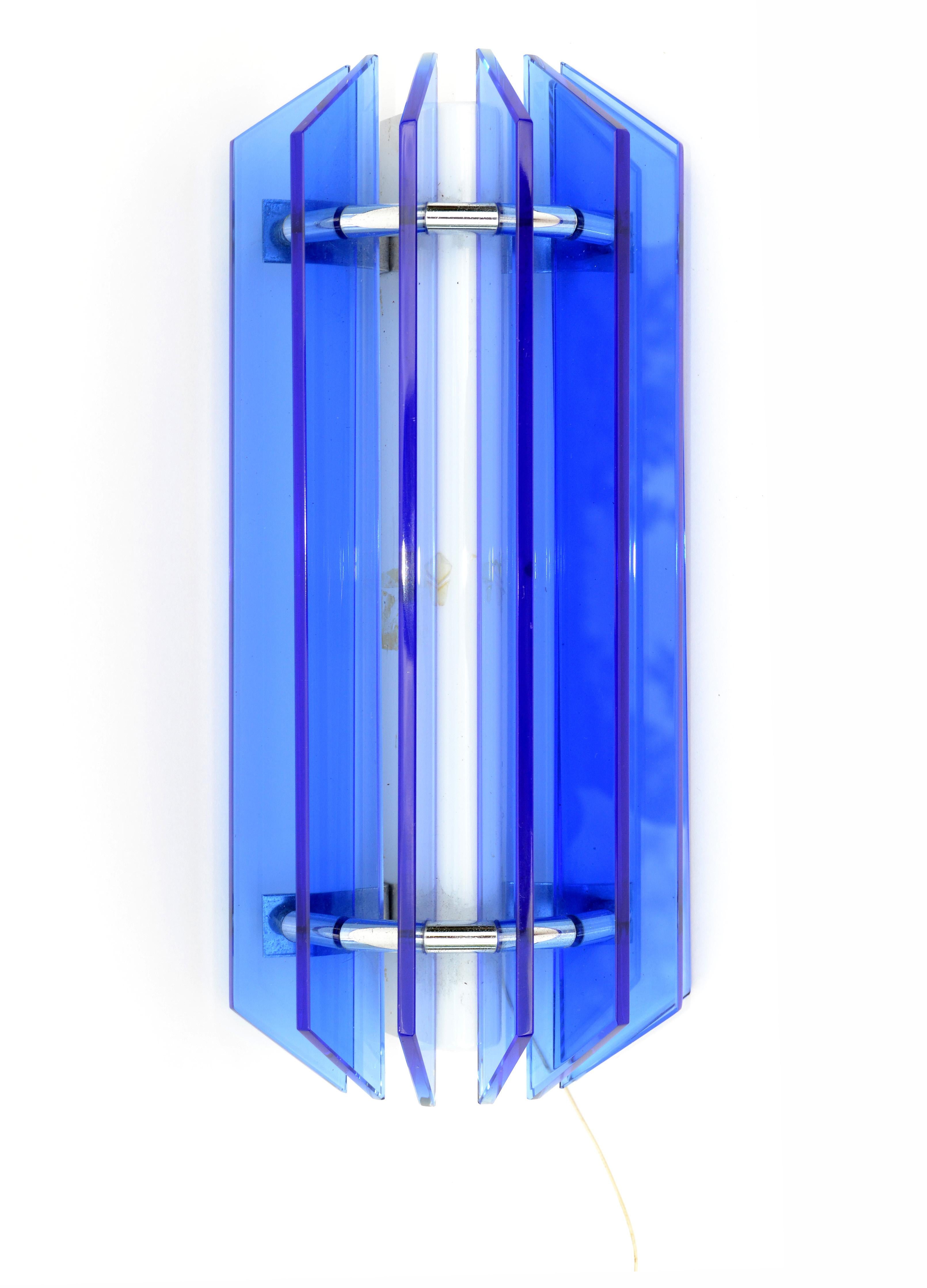 Large VECA Blue Mid-Century Modern Glass Chrome Wall Sconce, Italy, 1960s For Sale 4