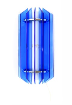Large VECA Blue Mid-Century Modern Glass Chrome Wall Sconce, Italy, 1960s