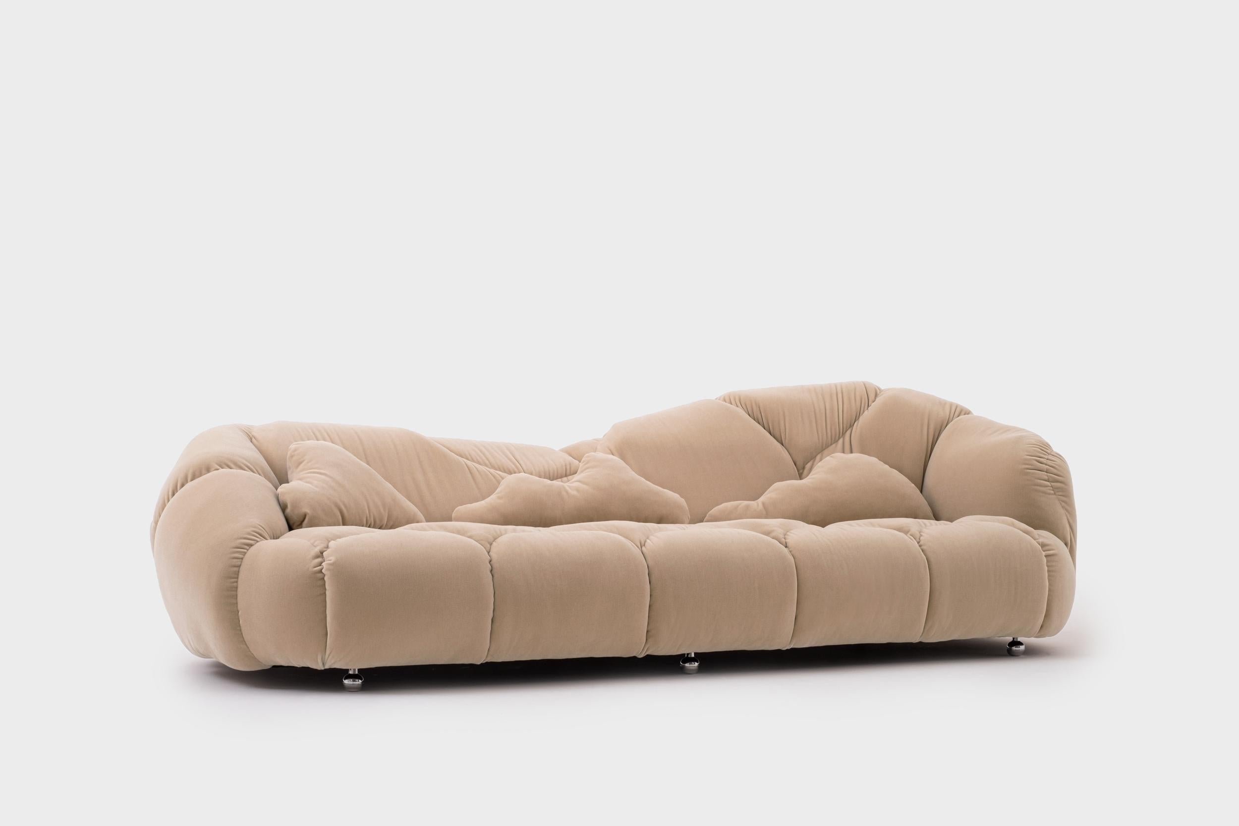 Stunning large sofa model 'Cloud' by Howard Keith for HK Furniture, London, 1970s. Very distinctive design and extraordinary shapes, newly upholstered in a high quality sand colored mohair velvet. The sofa stands on refined chromed ball legs. The