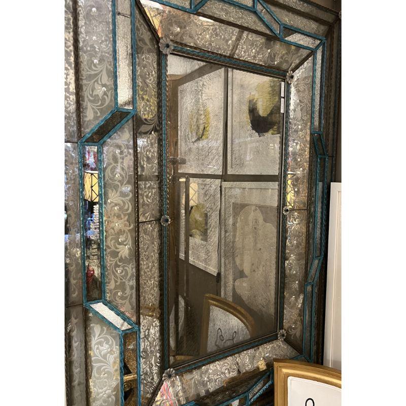 Large Venetian 1920's Murano antique mirror with blue glass details.