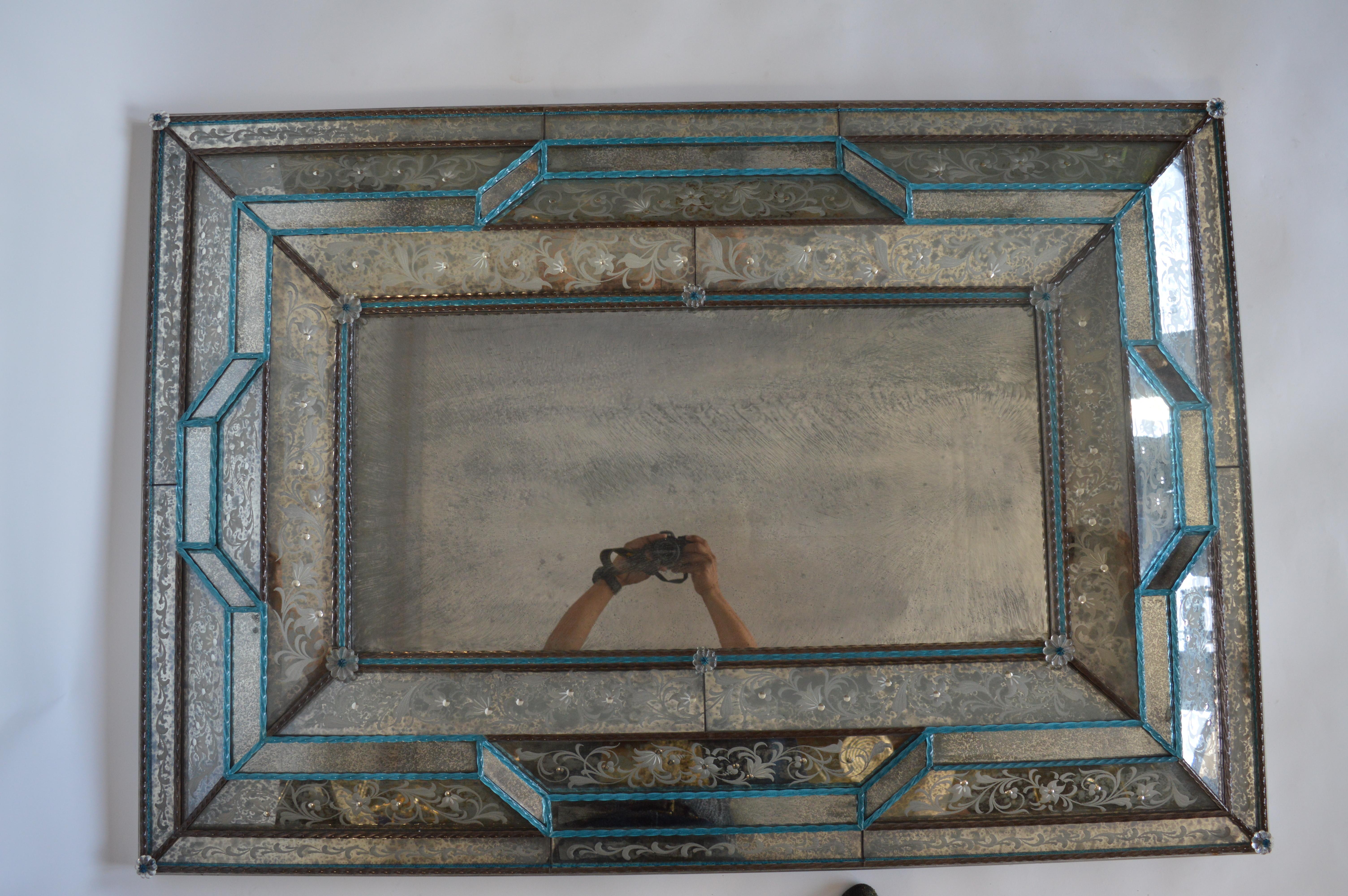 Italian Large Venetian 1920's Murano Antique Mirror with Blue Glass Details