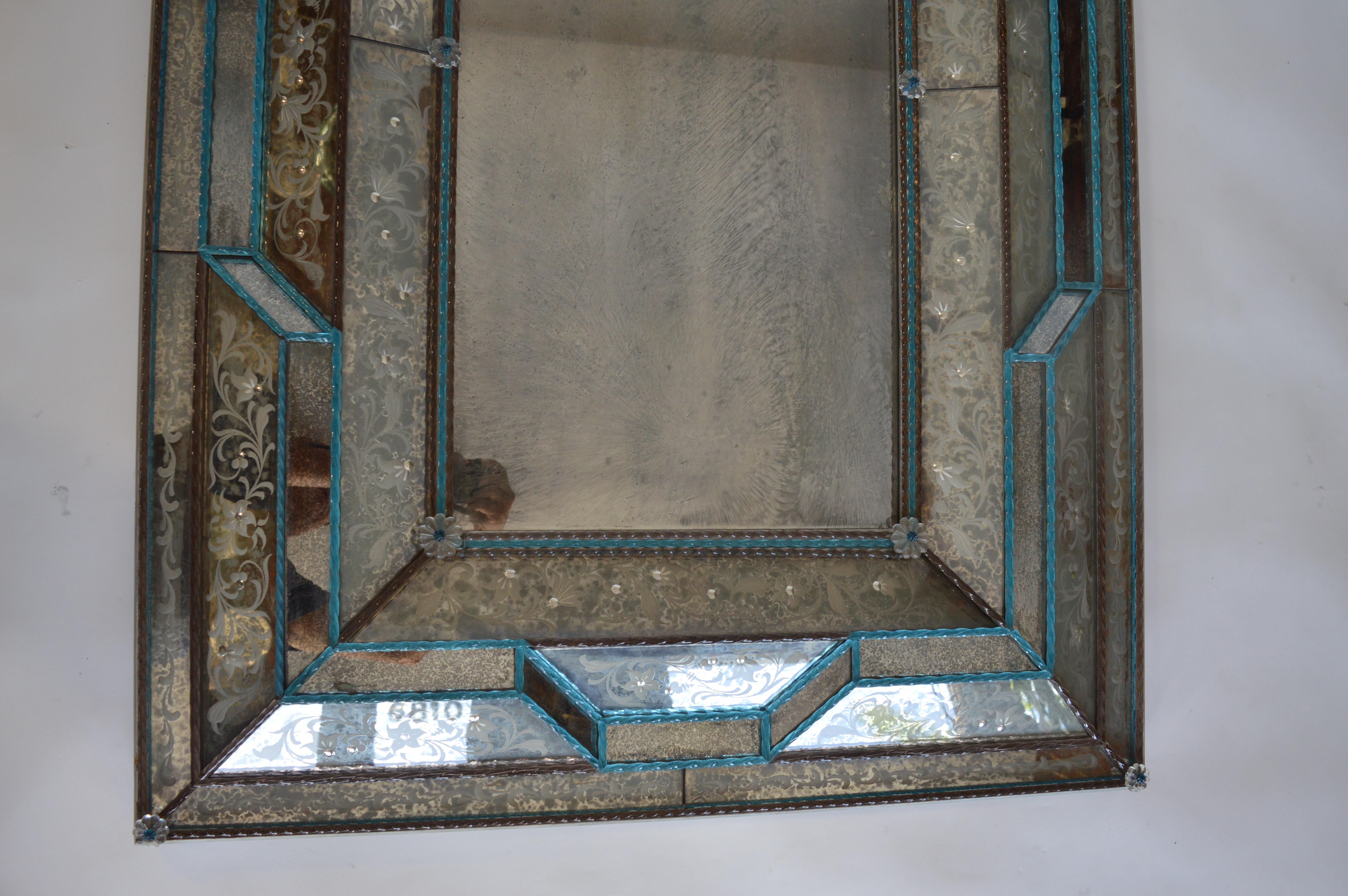 Large Venetian 1920's Murano Antique Mirror with Blue Glass Details 1