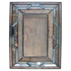 Large Venetian 1920's Murano Antique Mirror with Blue Glass Details