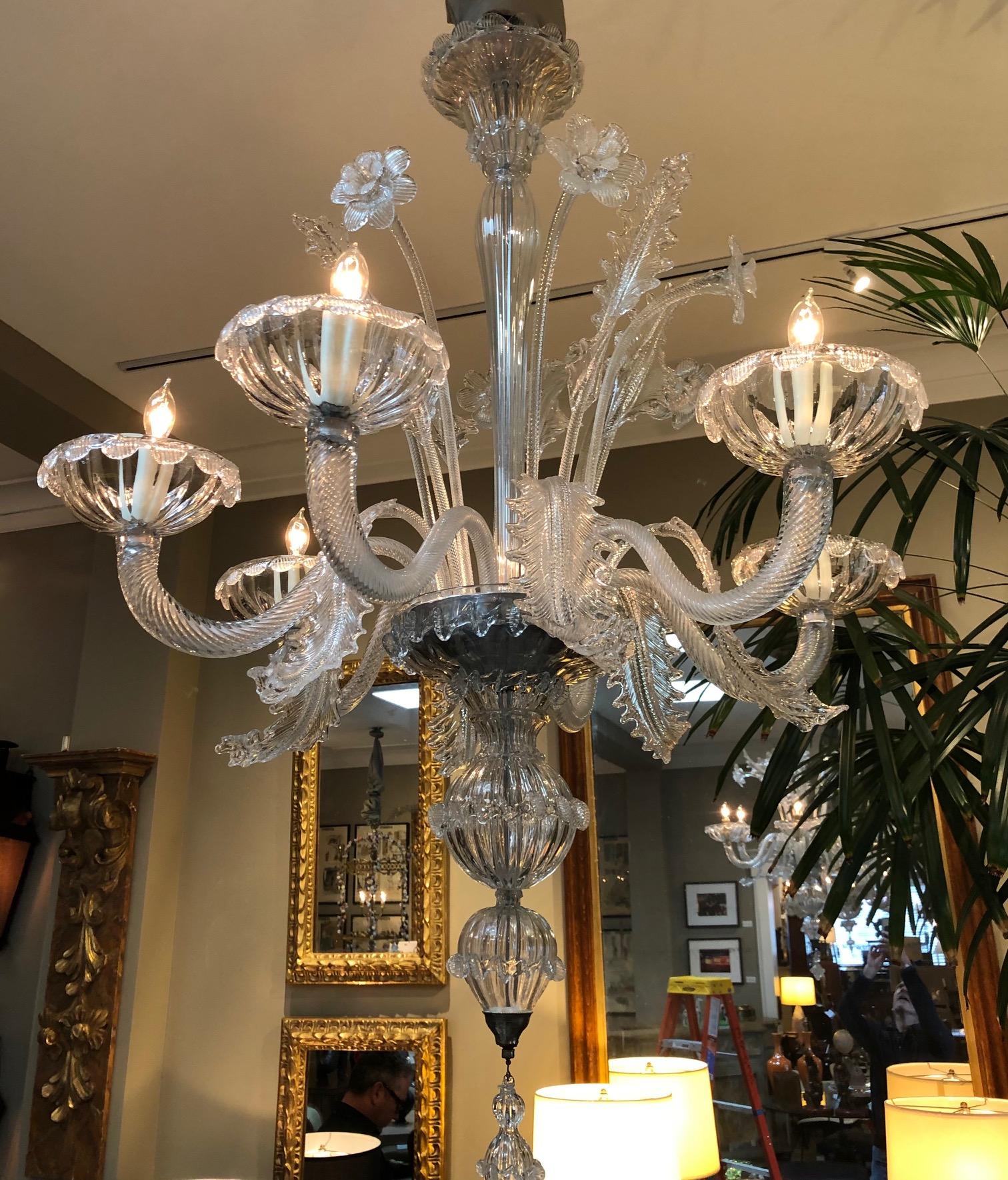 With baluster support above a glass bowl emanating 6 scrolling candle-arms with boldly-scaled cups; adorned overall with floral and foliate stems; the whole over a triple-sphere pendant.