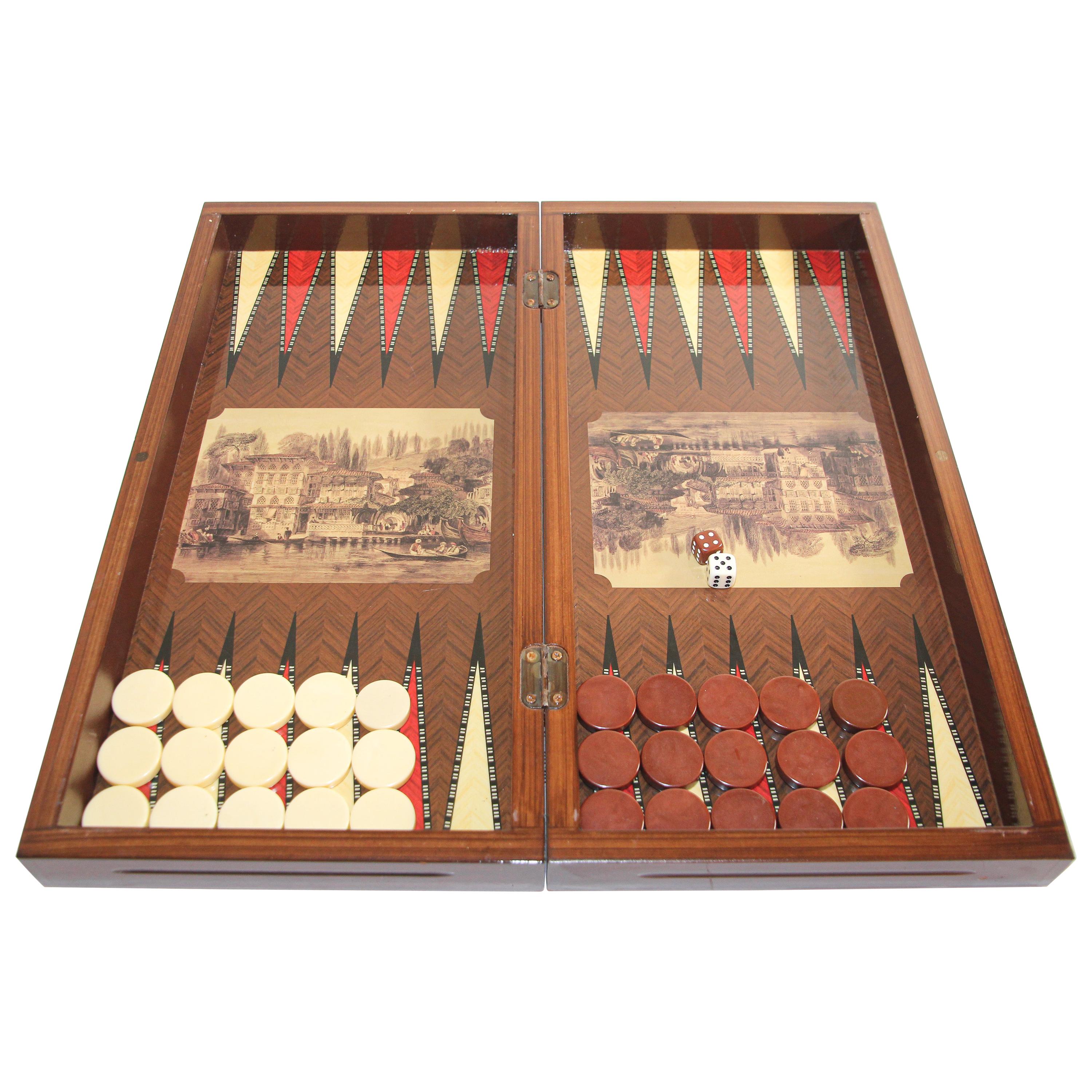 Large Venetian Backgammon Board Box with Game Pieces, Italy