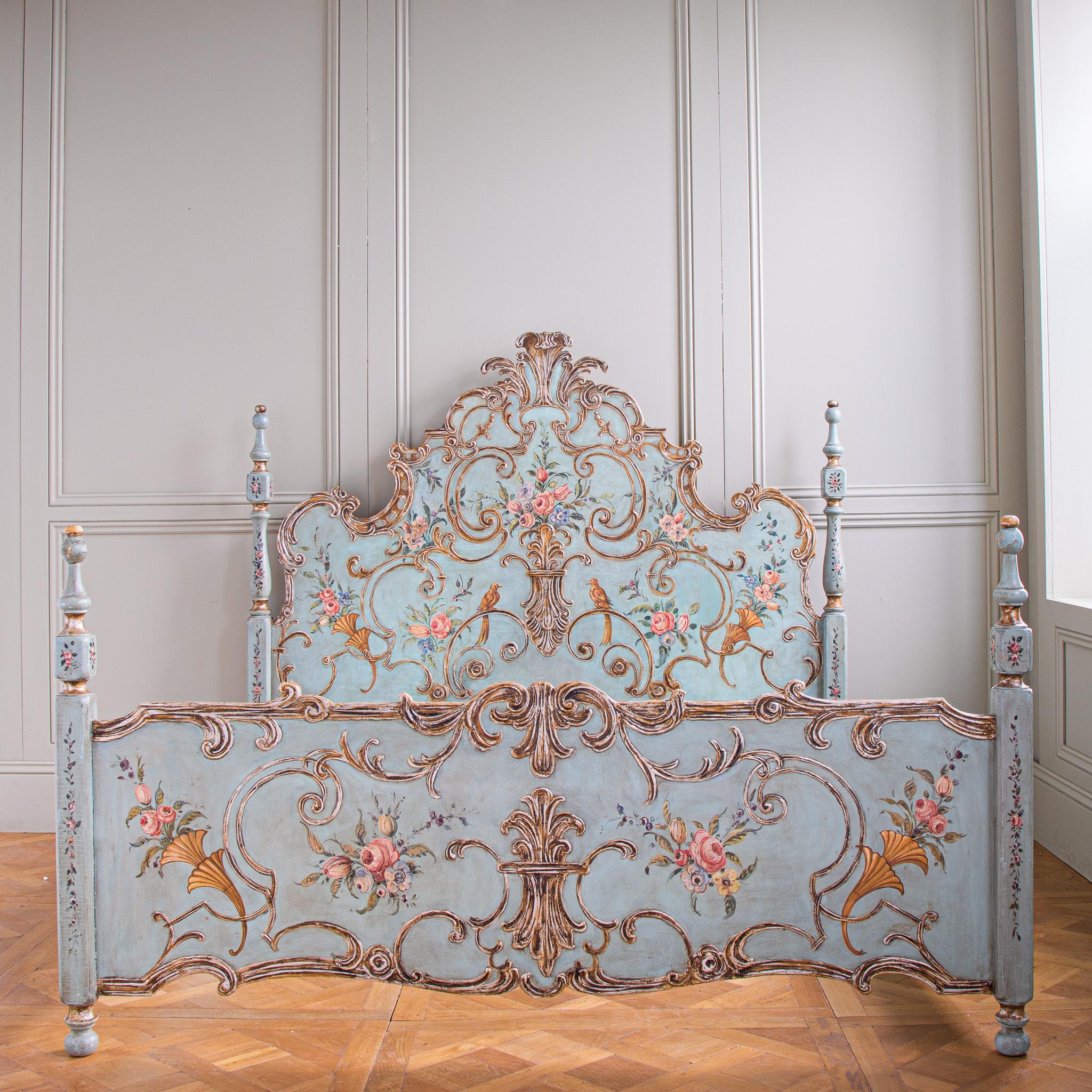 Sourced in Italy, this bed is a one off, Venetian style bed frame, circa 1940's. It is a rare size find for its age as it it takes a large mattress size of 76' x 80' ( US King Size /193 x 203cm's).
The bed features relief carving of rococo inspired