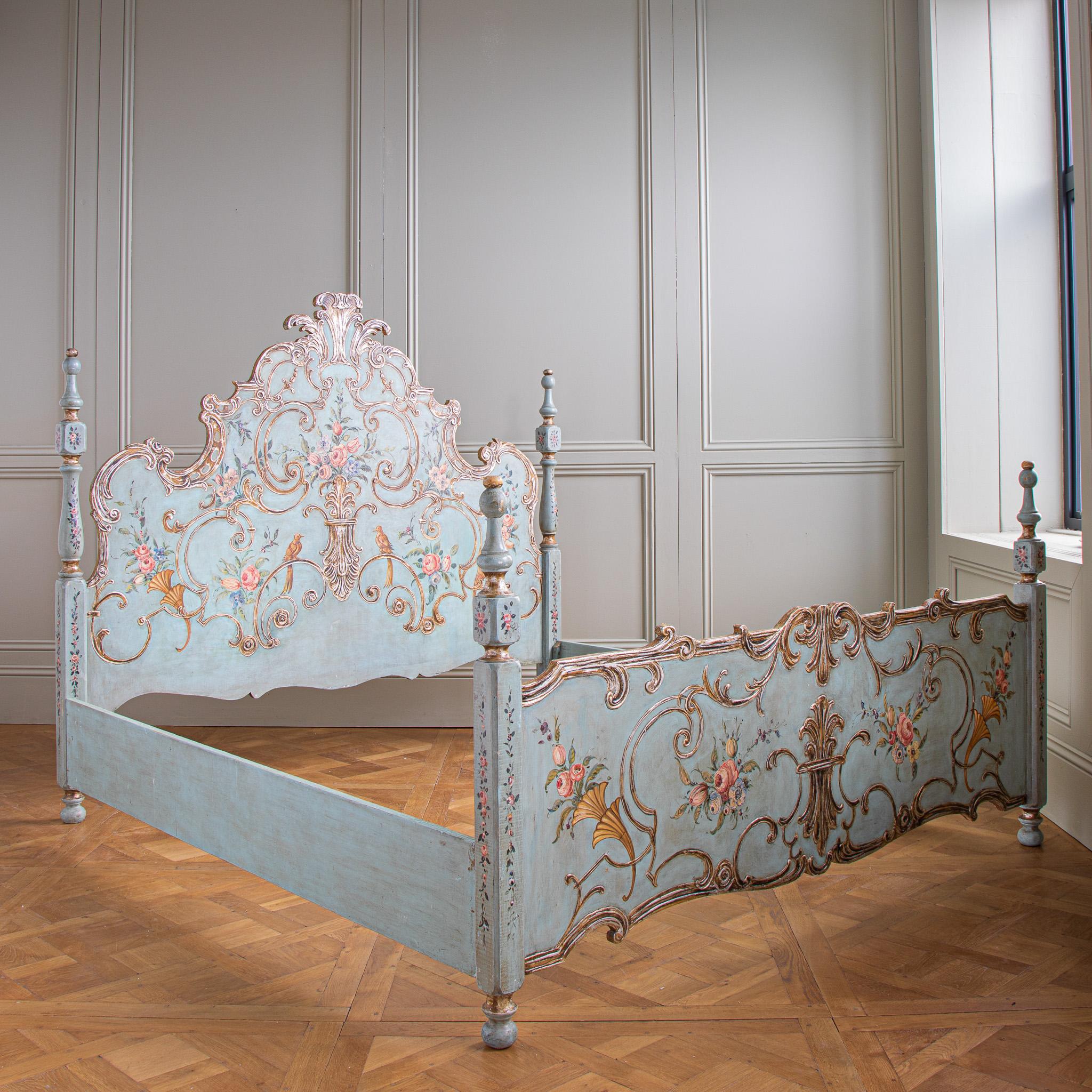 Italian  Large Venetian Bed With Original Hand Painted & Gilt Wood Finish