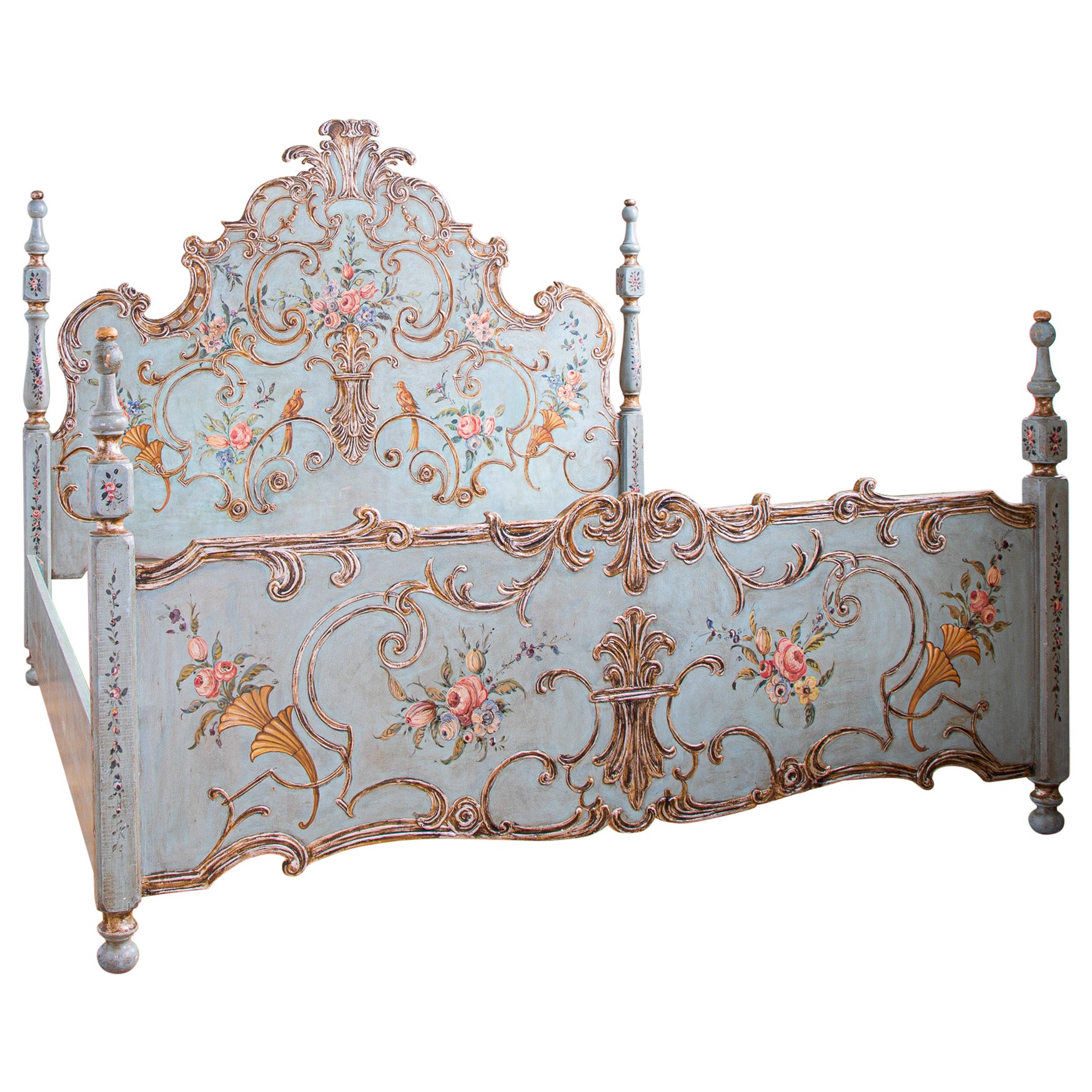 Large Venetian Bed With Original Hand Painted 
Gilt Wood Finish