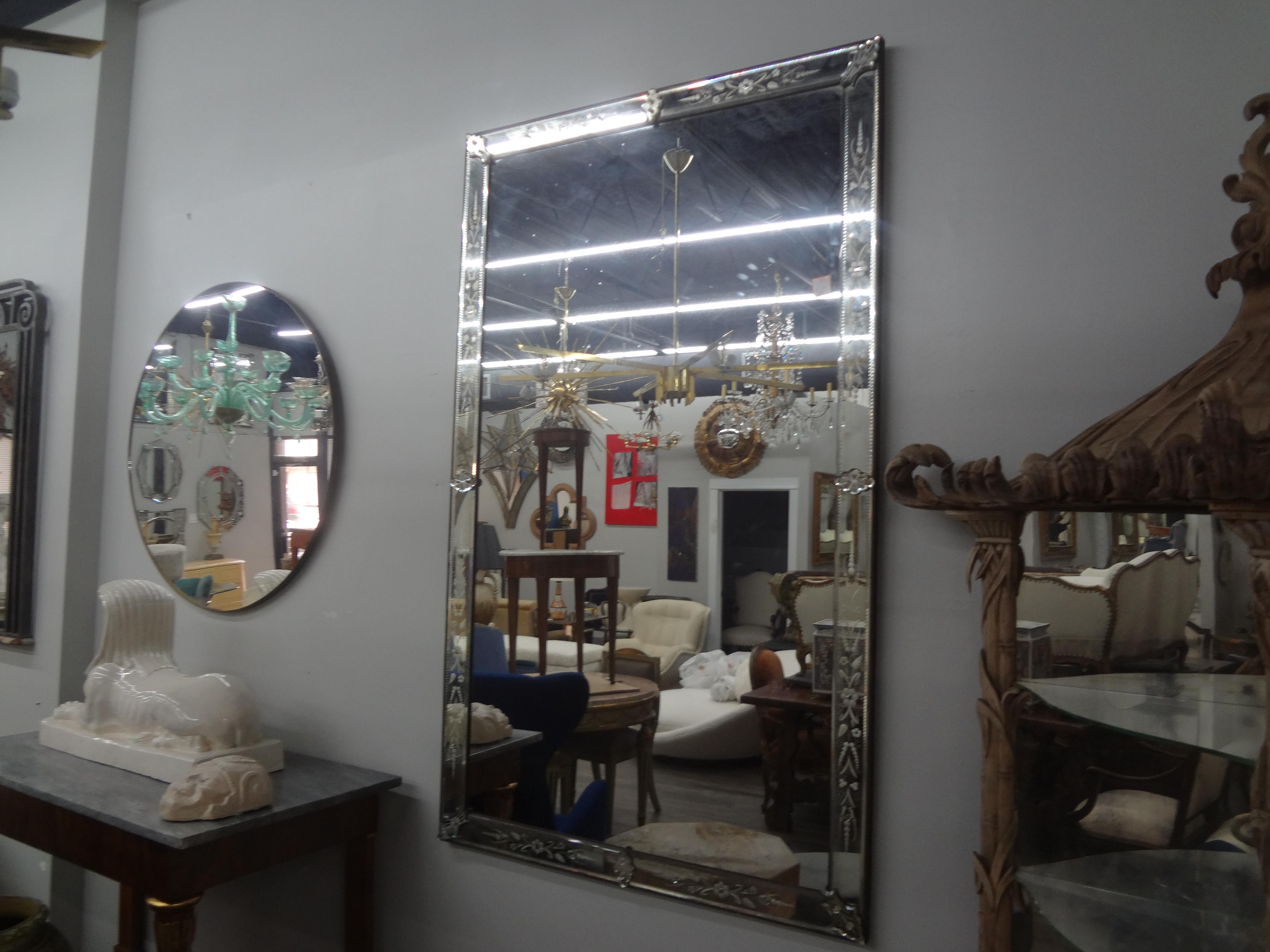 Italian Large Venetian Etched Beveled Mirror For Sale