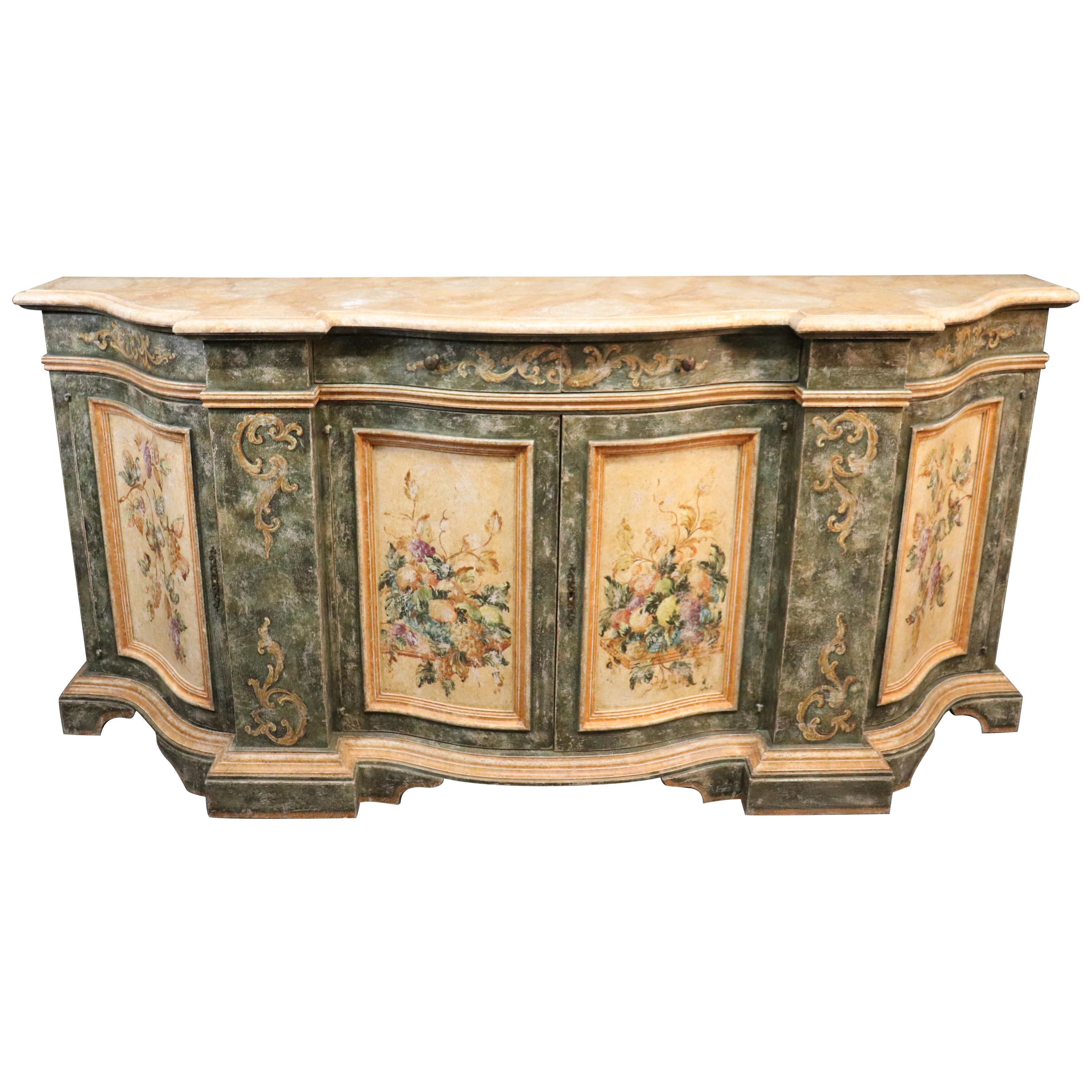 Large Venetian Faux Marble Paint Decorated Antique Distressed Sideboard Buffet