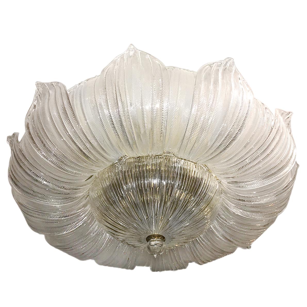A circa 1960s large Italian blown and molded glass light fixture with 8 interior lights in the shape of a flower.