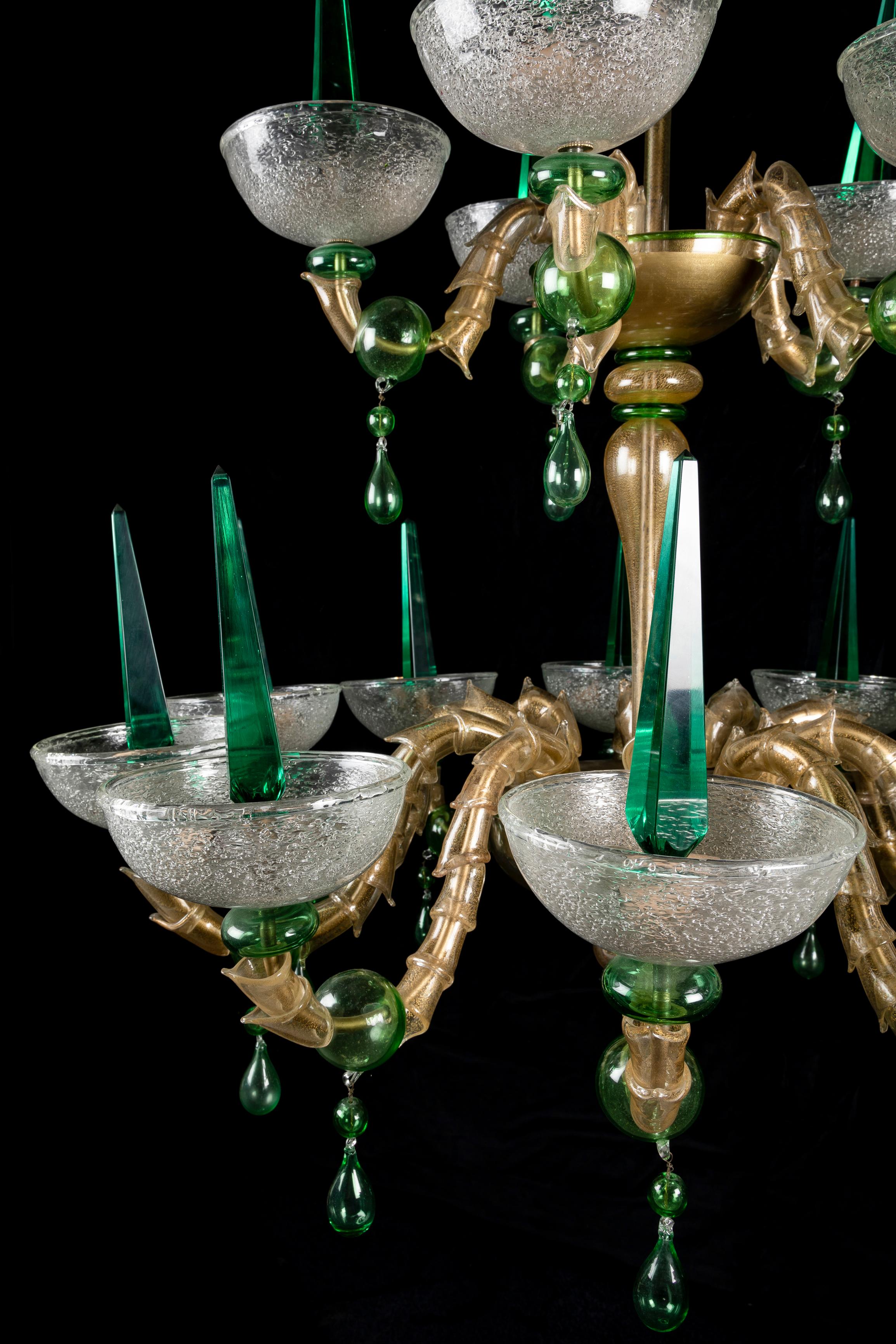 Large Venetian Green Murano Glass Mid Century Modern Chandelier For Sale 3