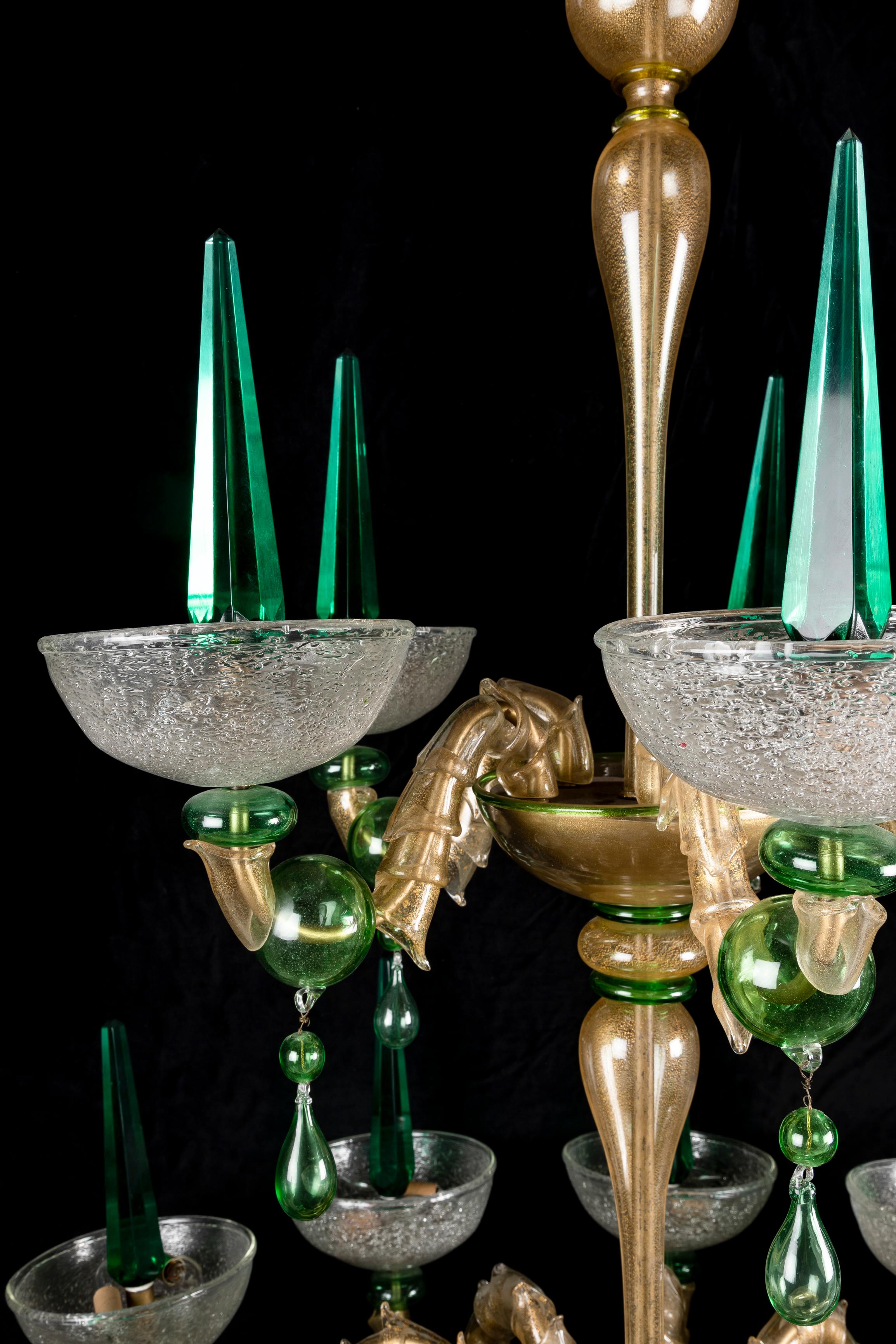 Grand lustre vénitien en verre de Murano vert, mi-siècle moderne en vente 5