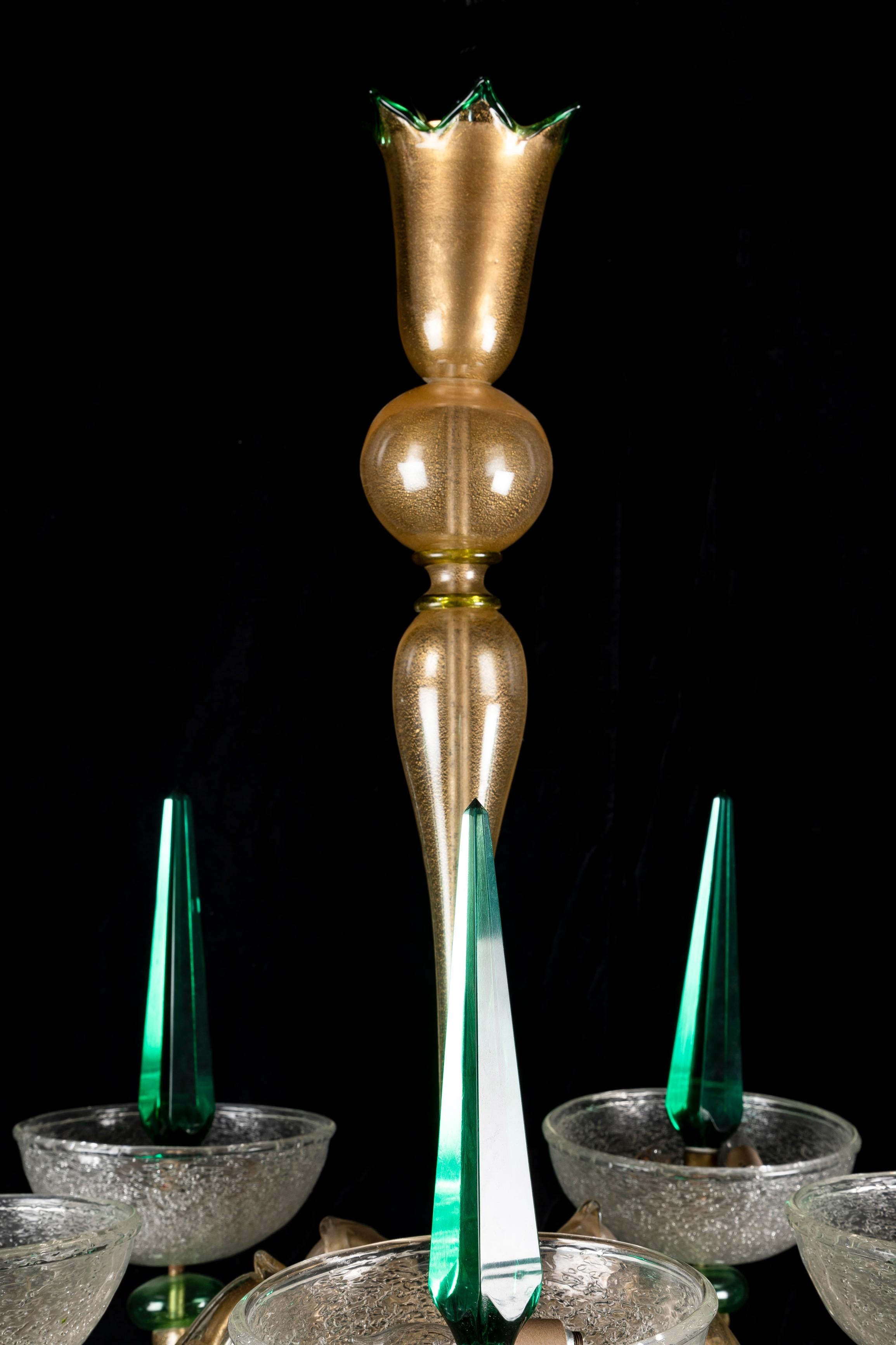 Large Venetian Green Murano Glass Mid Century Modern Chandelier For Sale 7