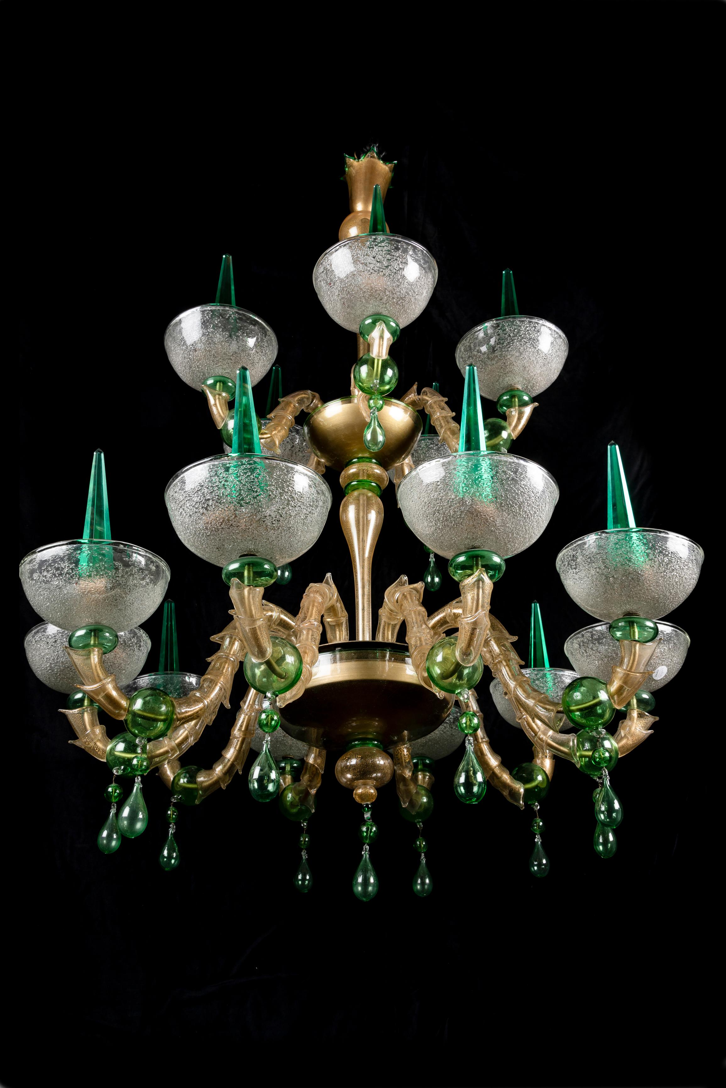 Mid-Century Modern Large Venetian Green Murano Glass Mid Century Modern Chandelier For Sale