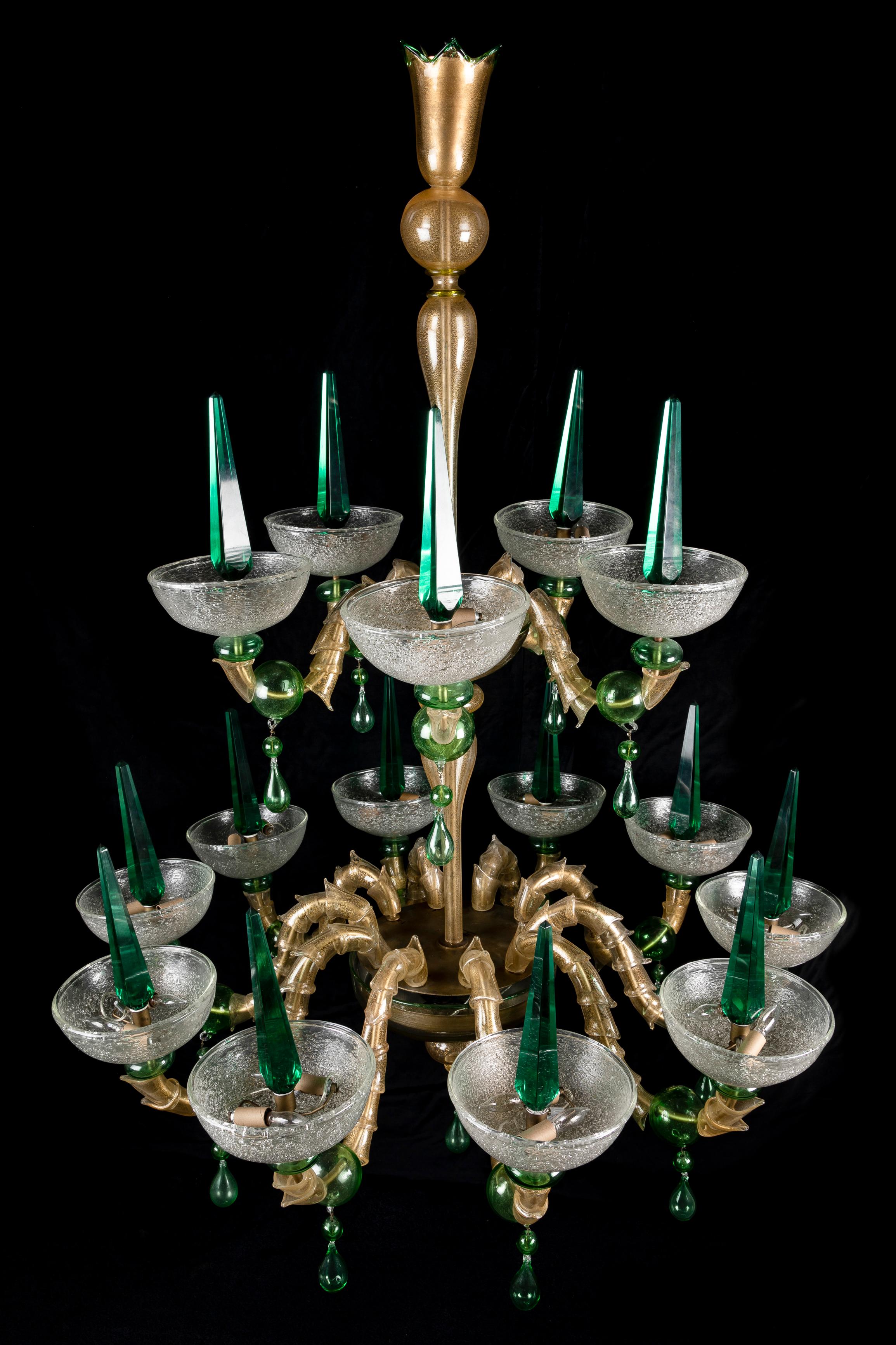 Italian Large Venetian Green Murano Glass Mid Century Modern Chandelier For Sale