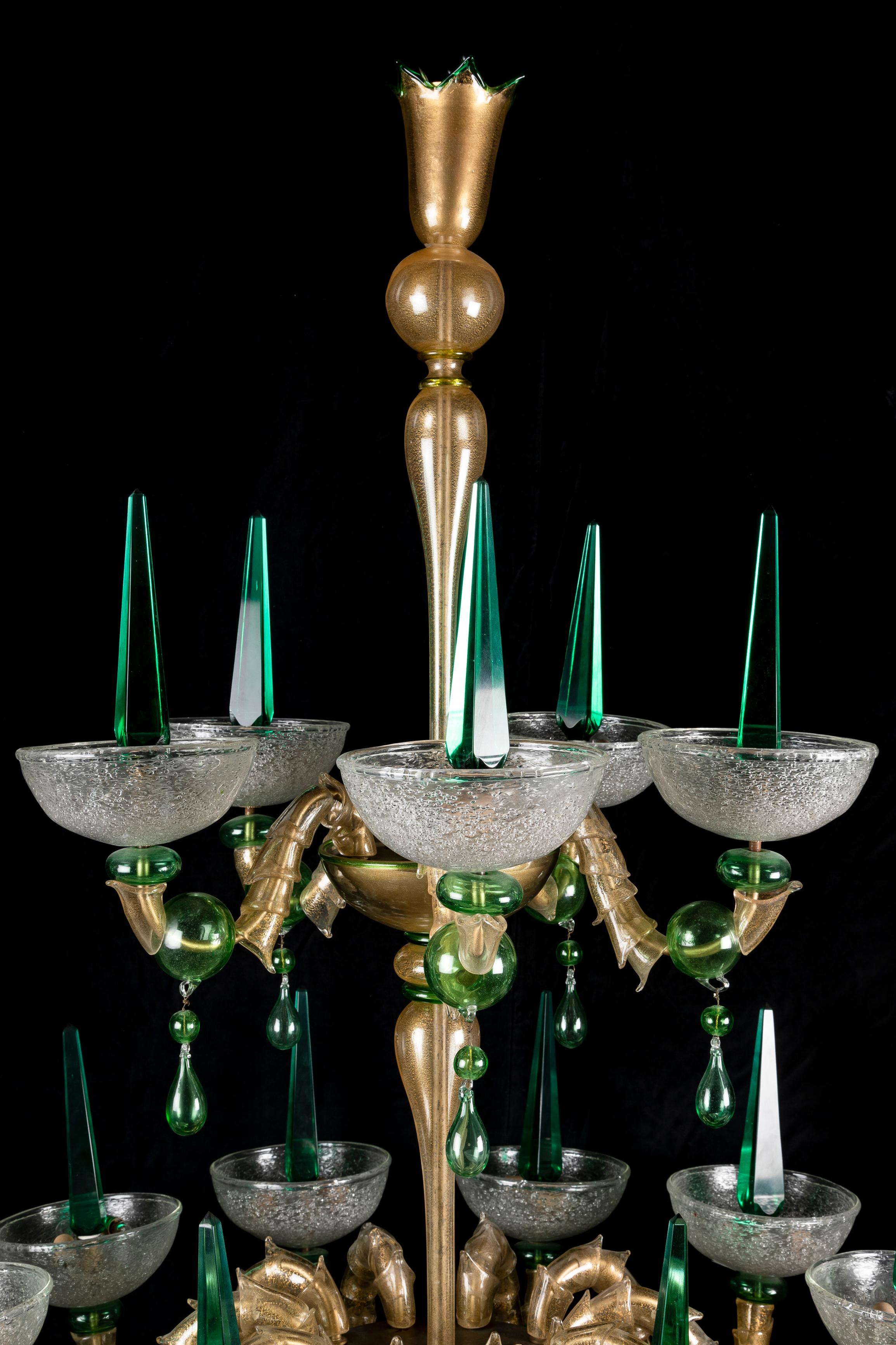 Hand-Crafted Large Venetian Green Murano Glass Mid Century Modern Chandelier For Sale