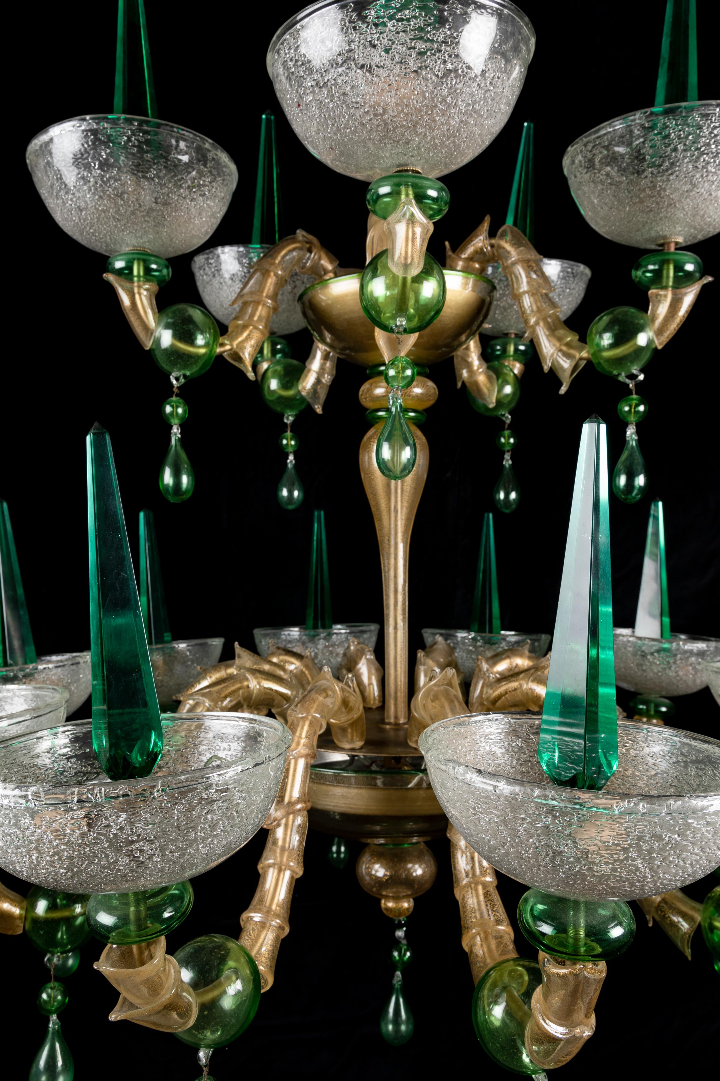 Metal Large Venetian Green Murano Glass Mid Century Modern Chandelier For Sale