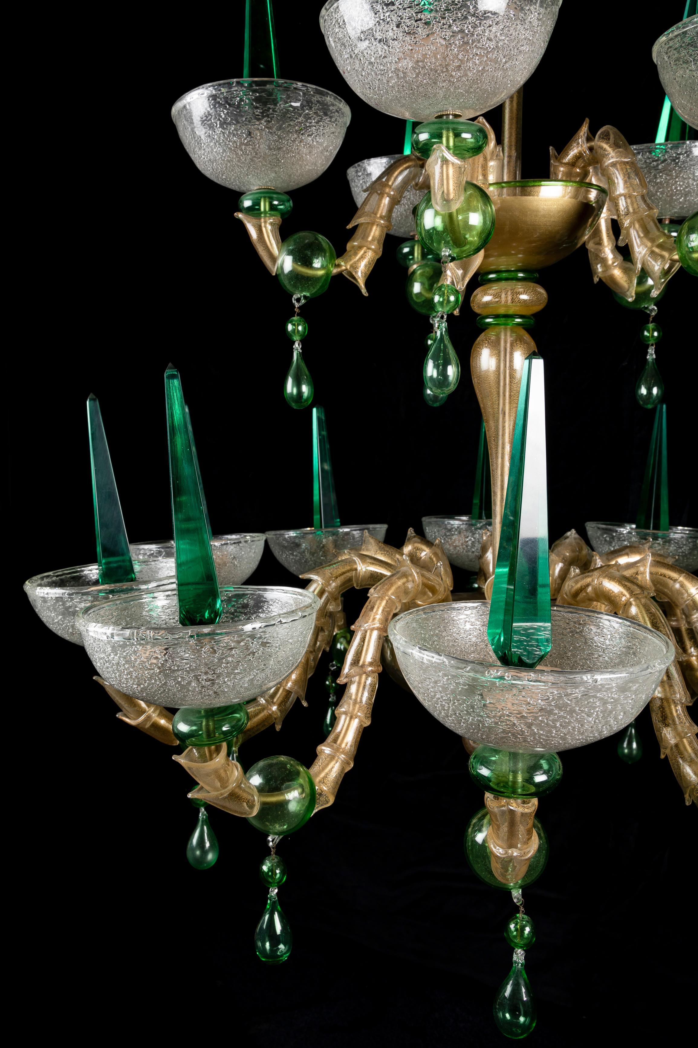 Grand lustre vénitien en verre de Murano vert, mi-siècle moderne en vente 1