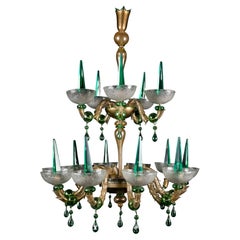 Vintage Large Venetian Green Murano Glass Mid Century Modern Chandelier