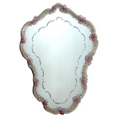 Large Venetian Mirror Made of Murano Pink Glass flowers and Clear Ornaments