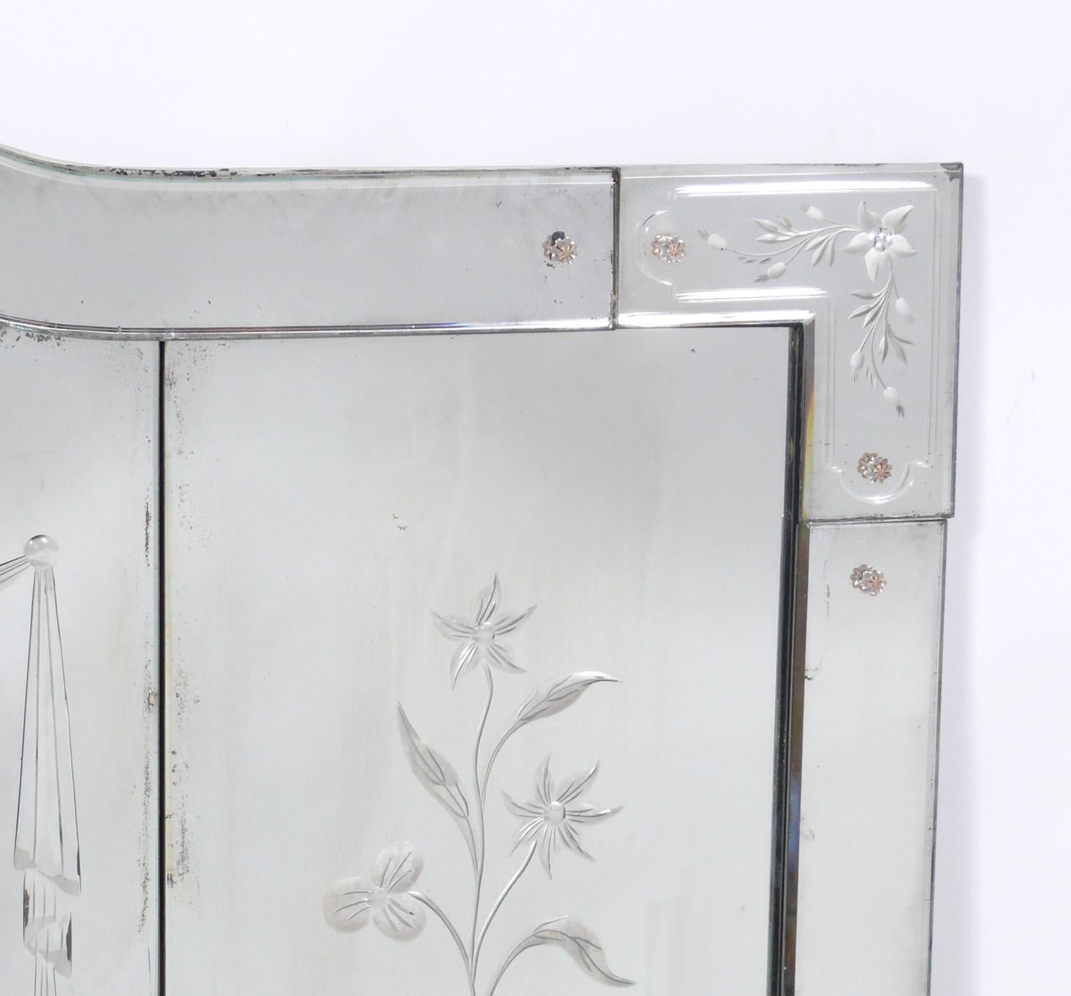 Italian Large Venetian Mirror with Etched Floral Decoration
