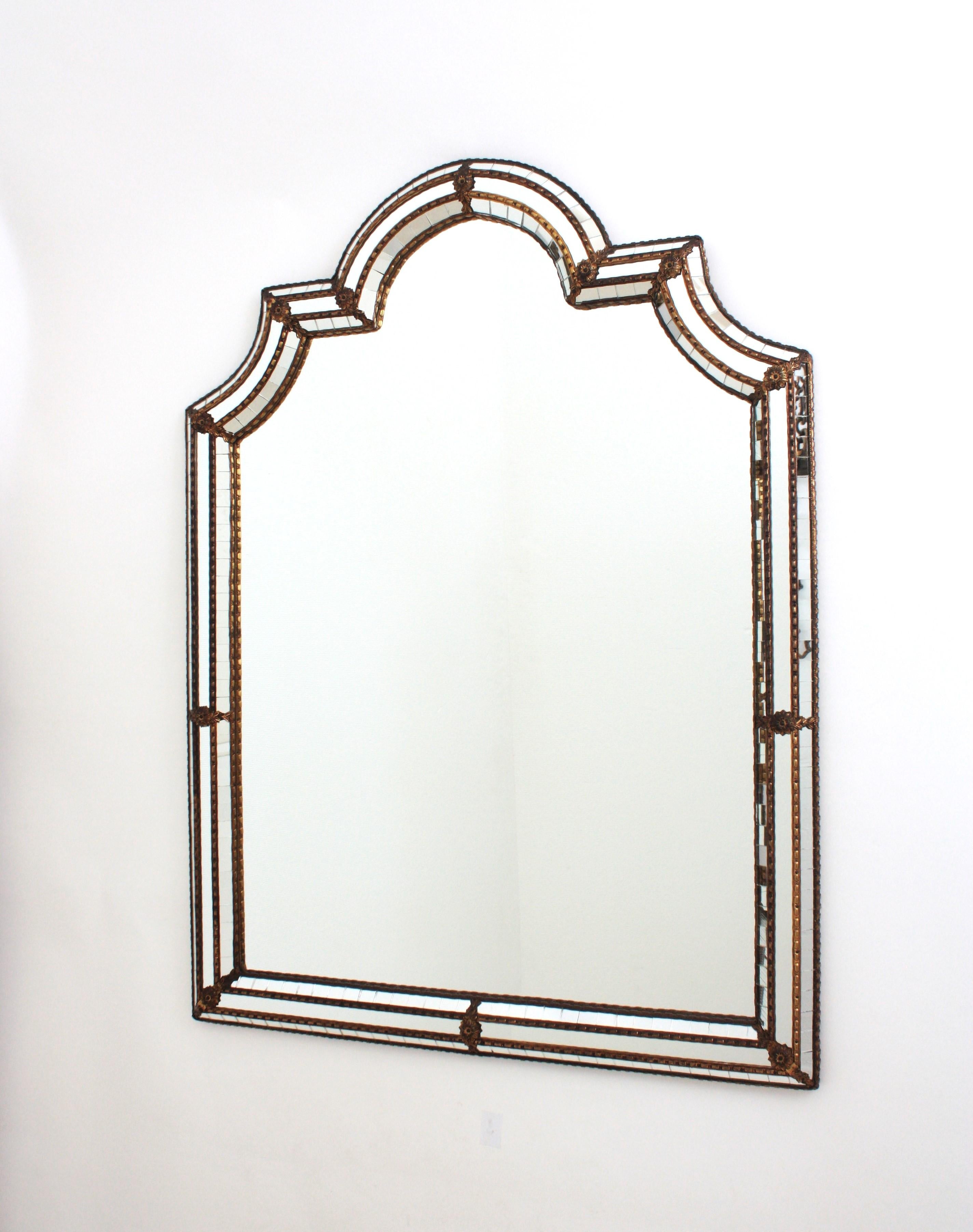 Large Venetian Modern Arched Mirror with Brass Details 6