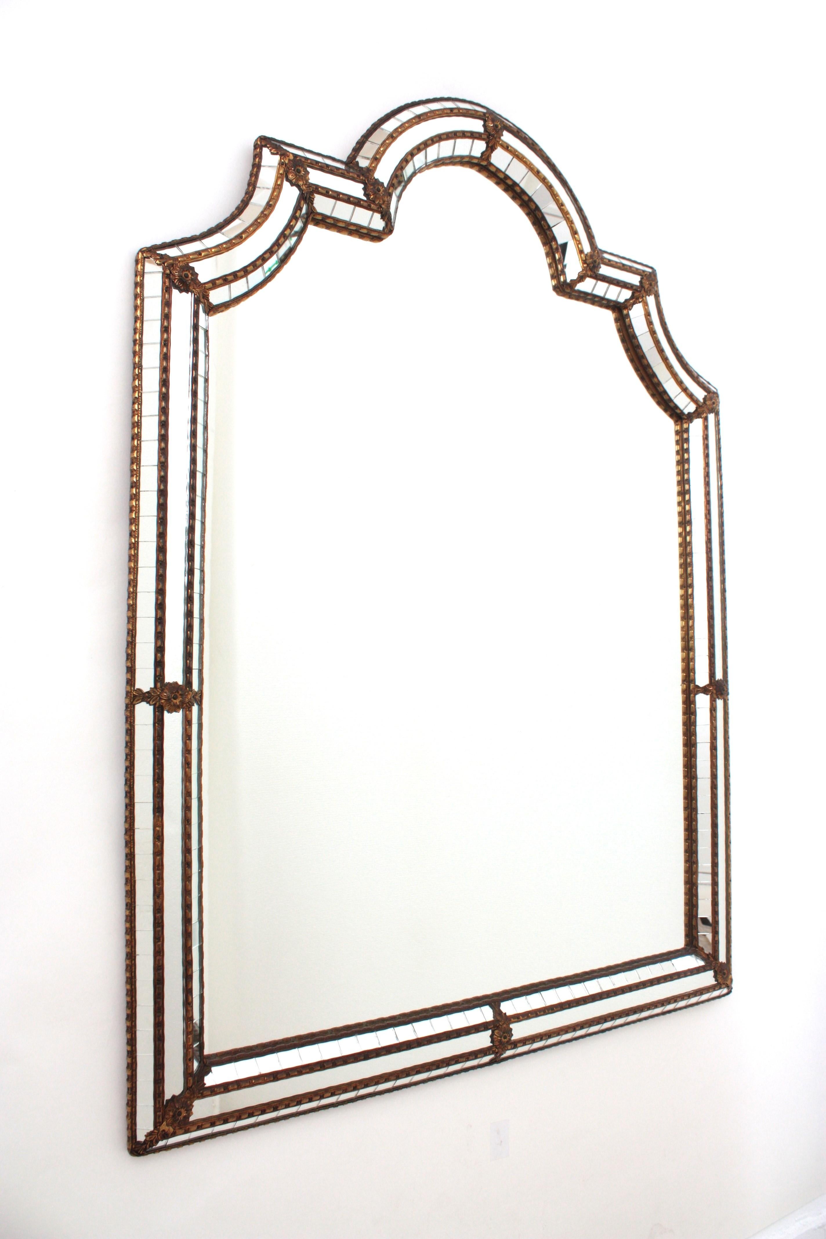 Mid-Century Modern Large Venetian Modern Arched Mirror with Brass Details