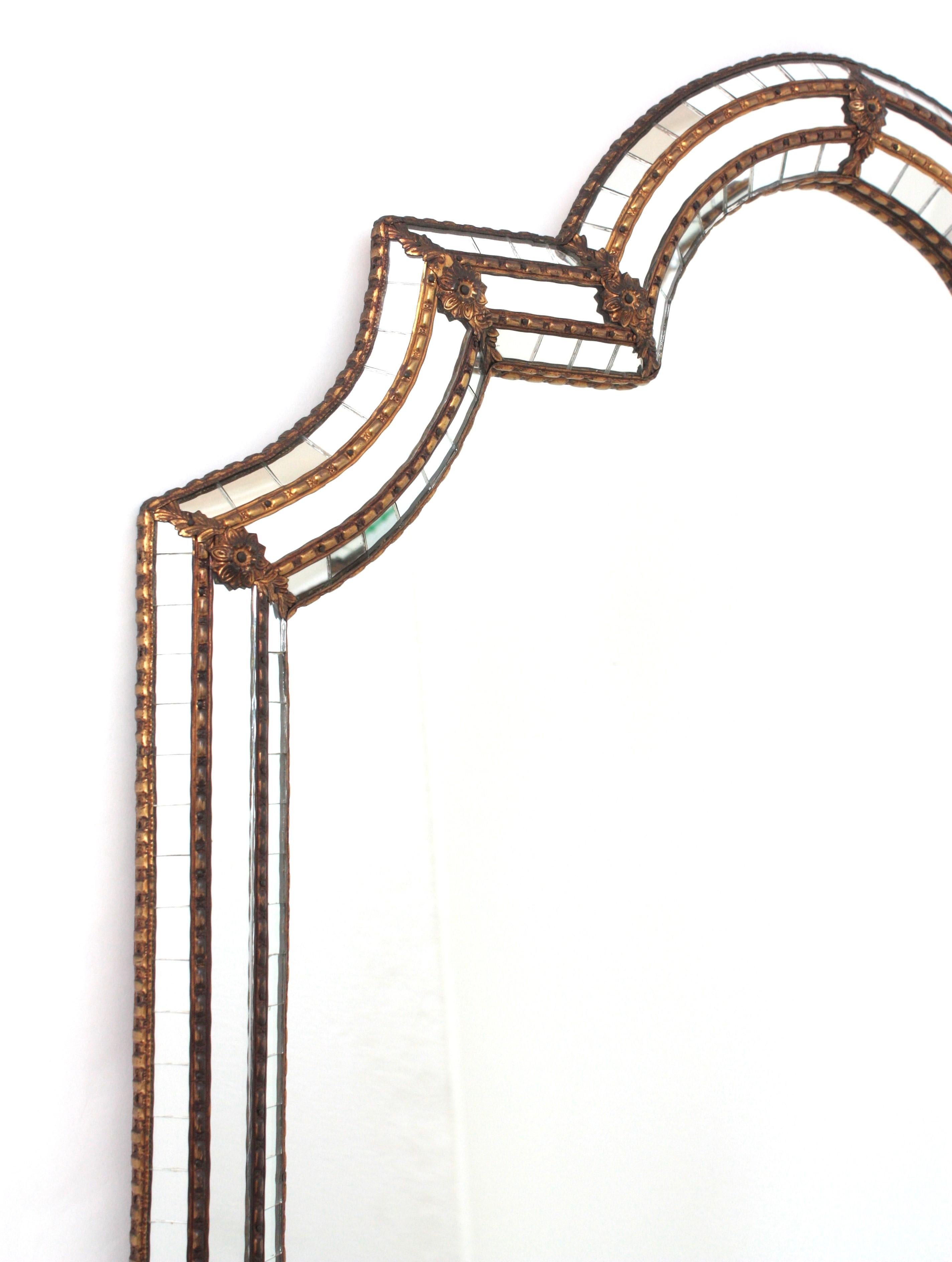 Spanish Large Venetian Modern Arched Mirror with Brass Details