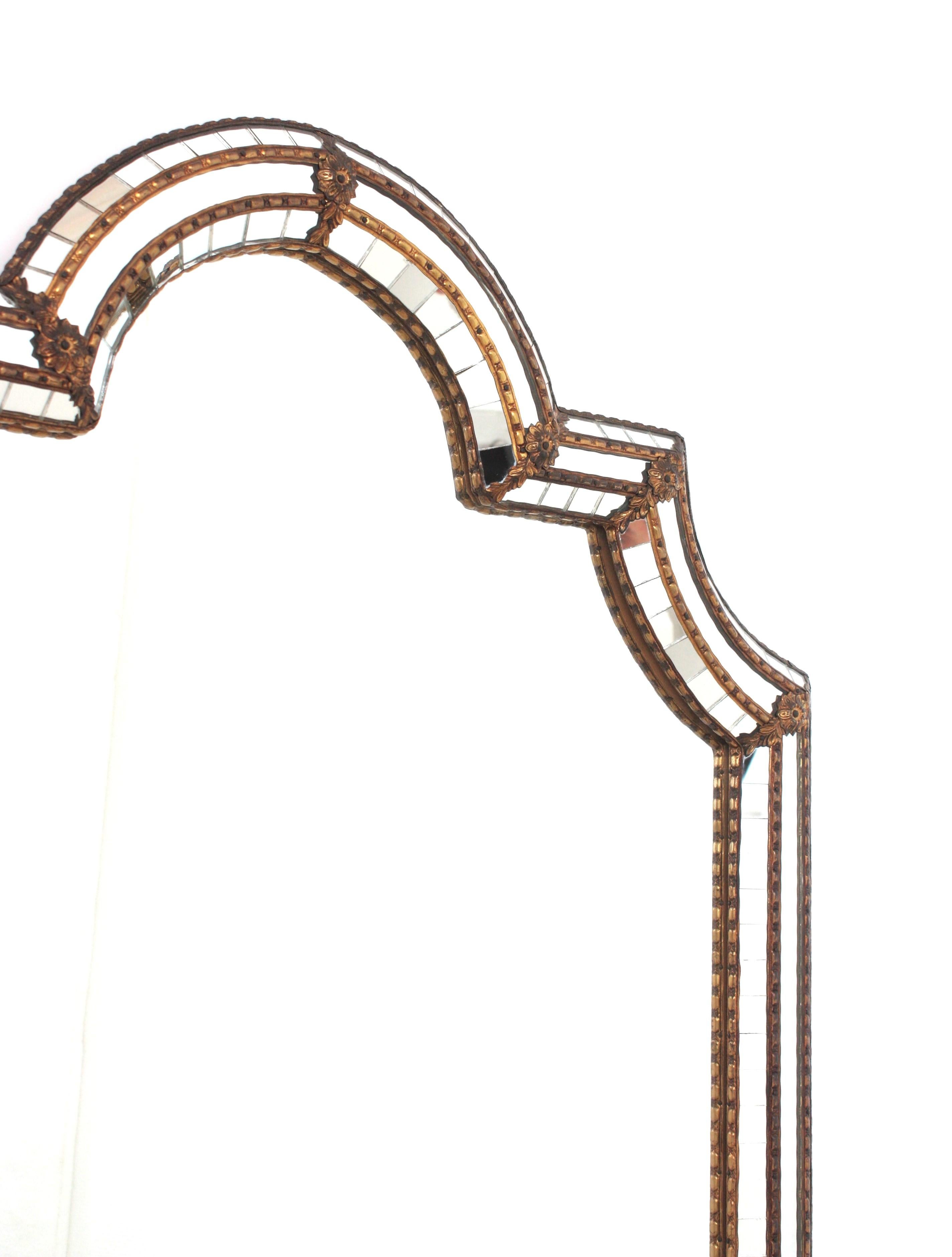 20th Century Large Venetian Modern Arched Mirror with Brass Details
