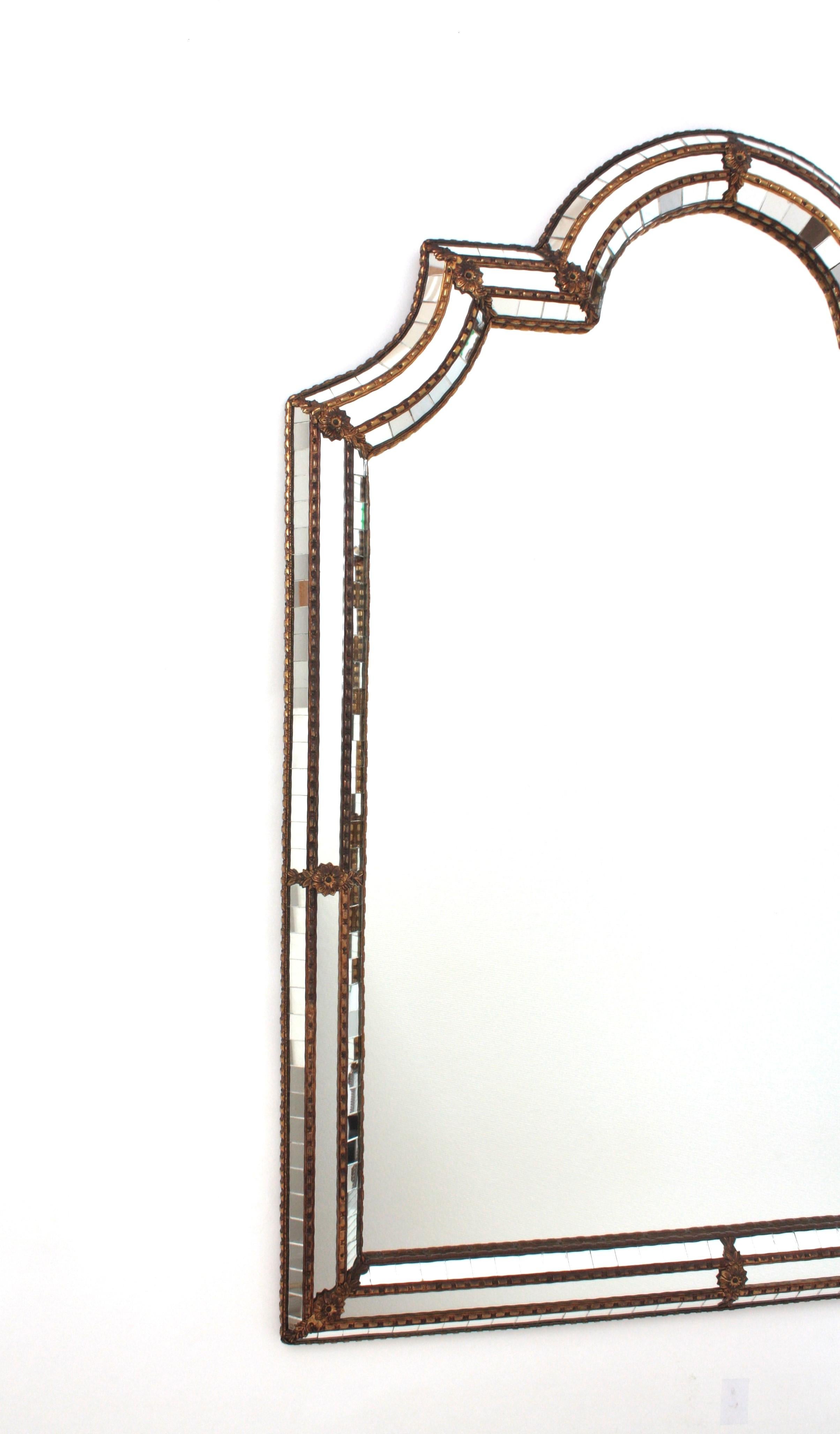 Large Venetian Modern Arched Mirror with Brass Details 1