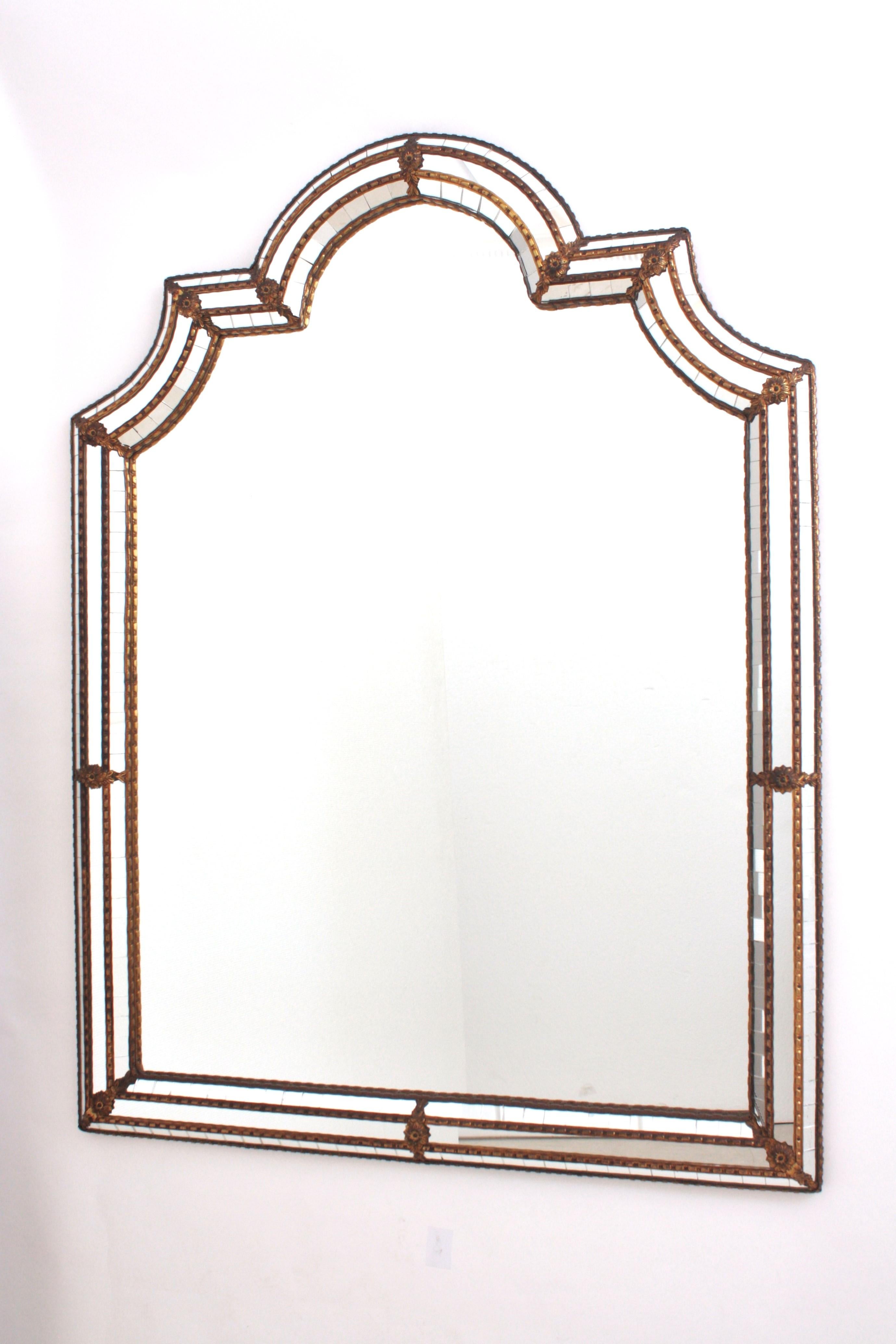 Large Venetian Modern Arched Mirror with Brass Details 3
