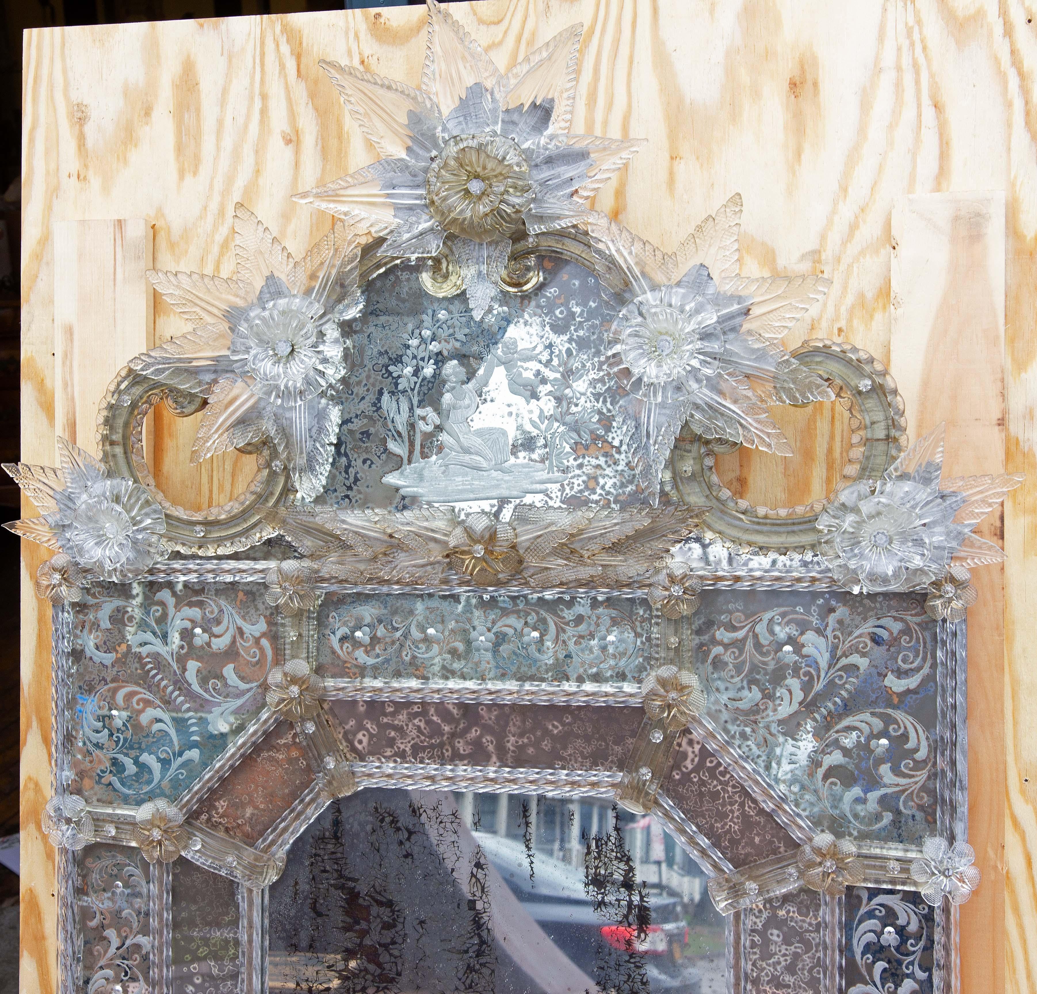 Italian Large Venetian Murano Glass Console Wall Mirror Early 20th Century For Sale