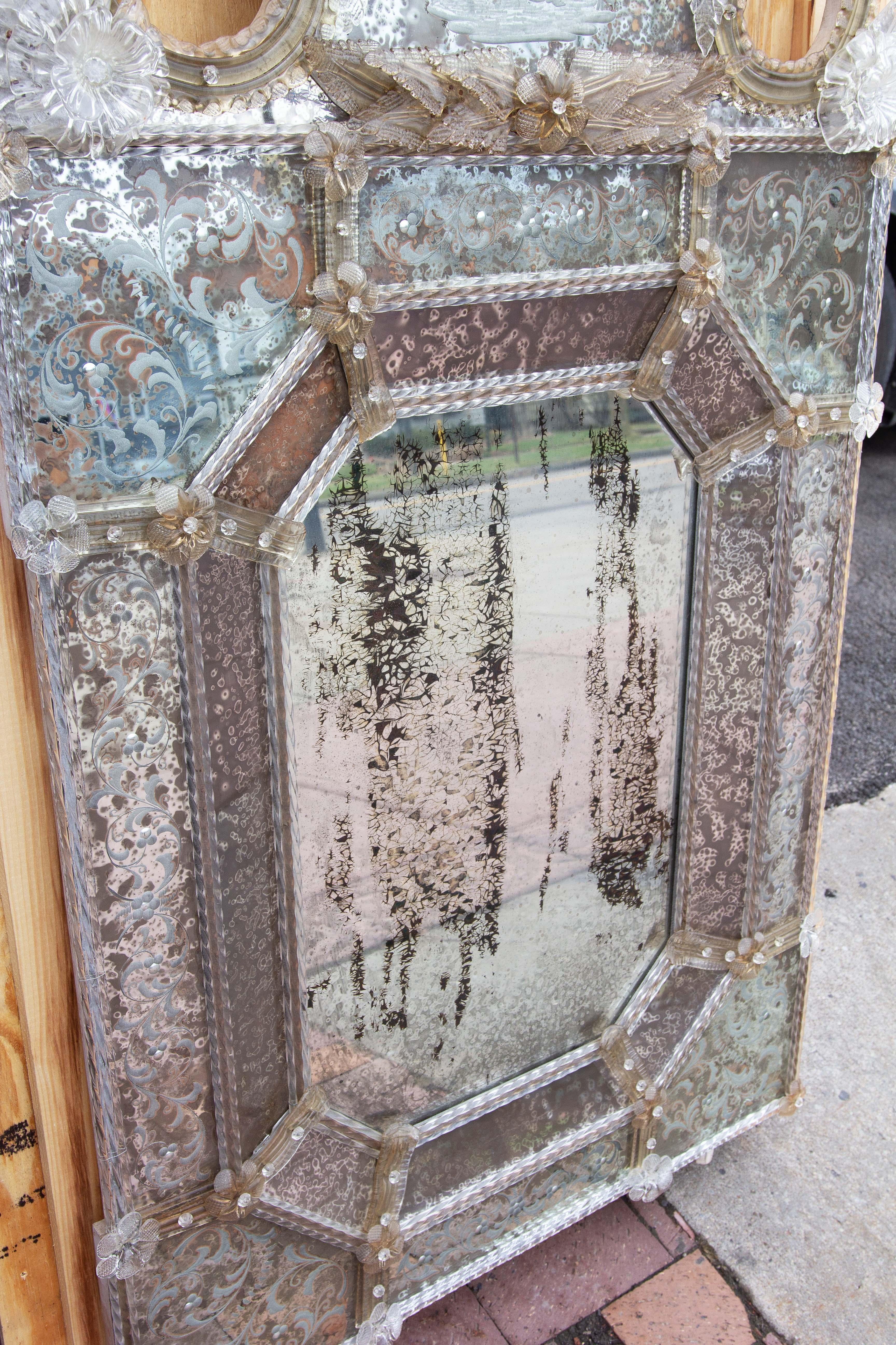 Wood Large Venetian Murano Glass Console Wall Mirror Early 20th Century For Sale